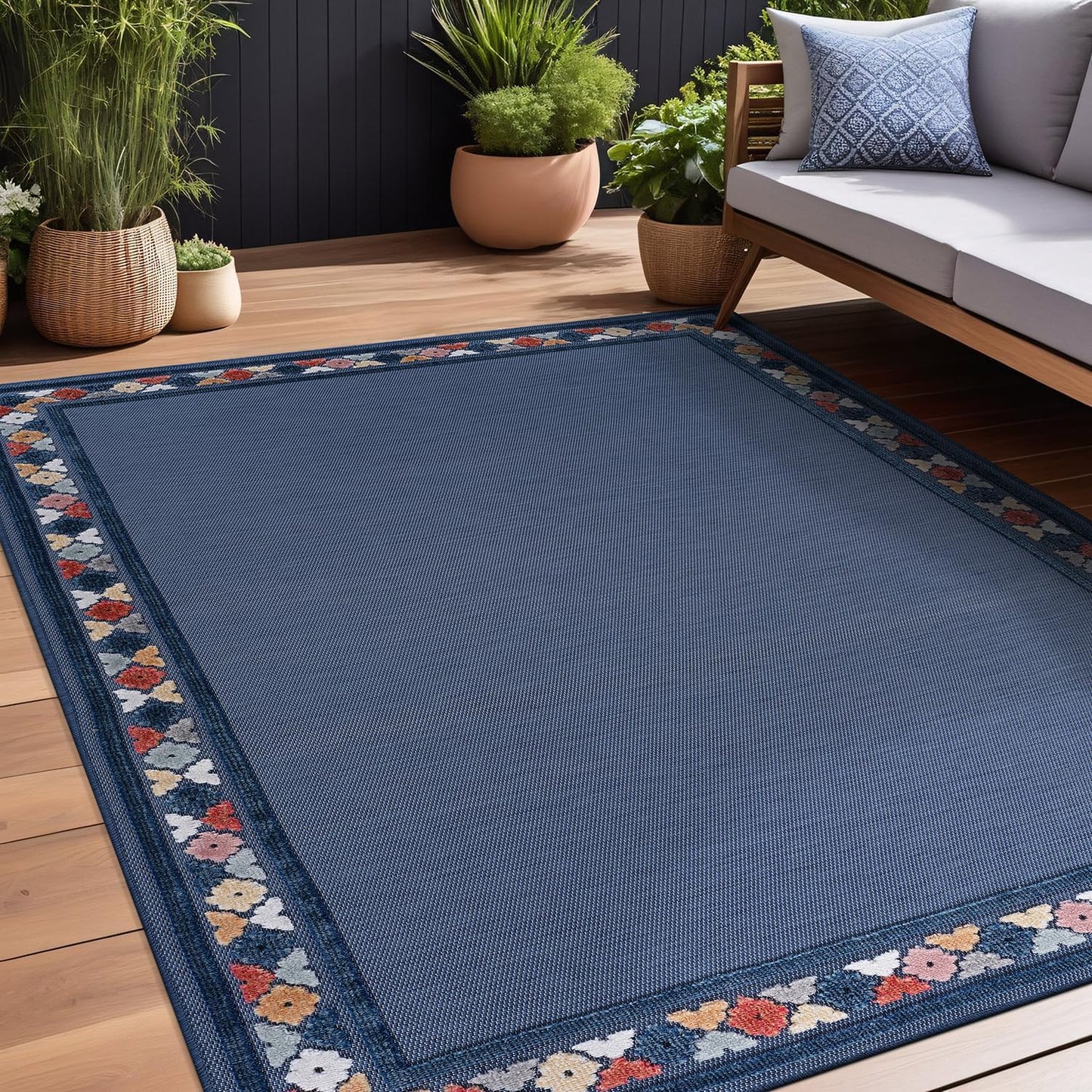 Beverly Rug Outdoor Rug 4x6 Modern Bordered Area Rugs for Indoor and Outdoor Patio Easy to Clean Non Shedding Living Room Porch Garden Washable Outside Carpet (4 x 6 Blue)