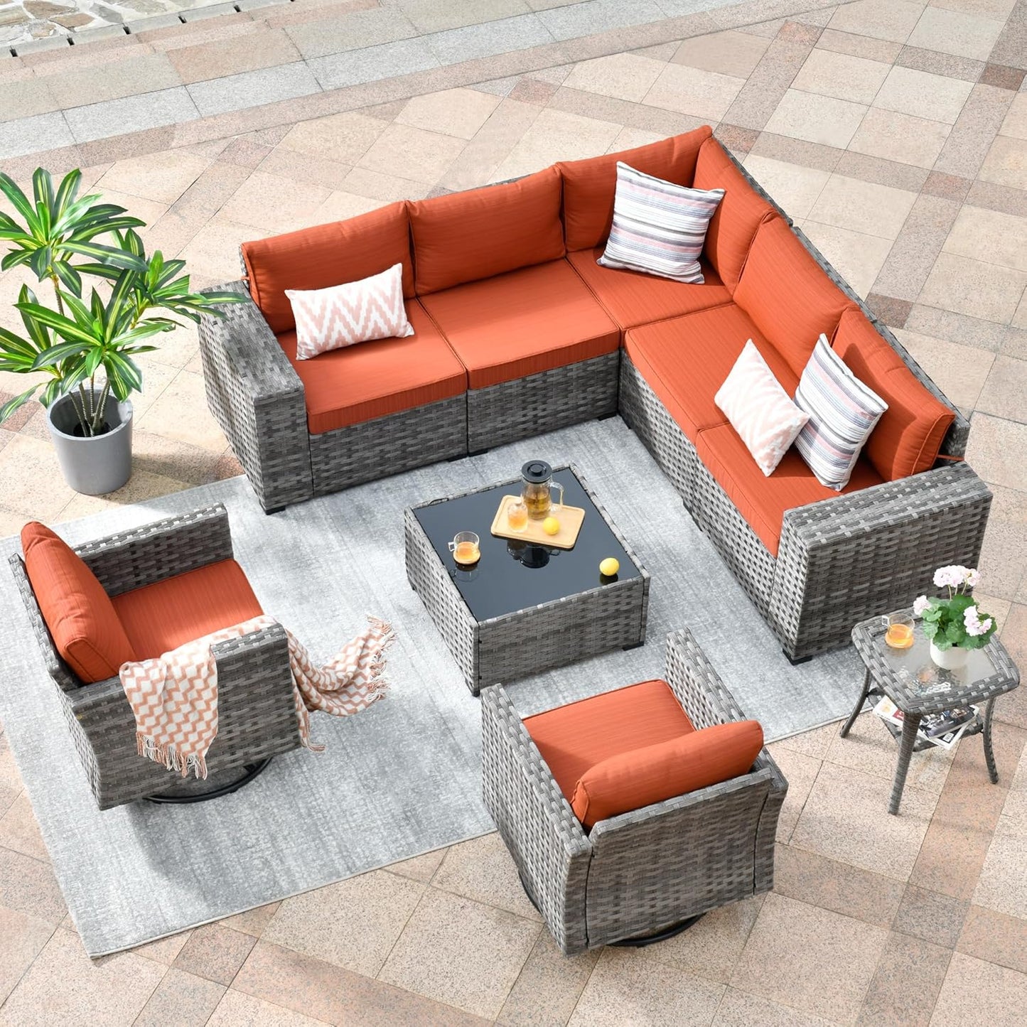 HOOOWOOO 9 Piece Modular Patio Outdoor Sectional Furniture Set with Swivel Rocking Chairs,Wicker Conversation Sofa Set,Outside Couch Set with Wide Arm(Orange Red)