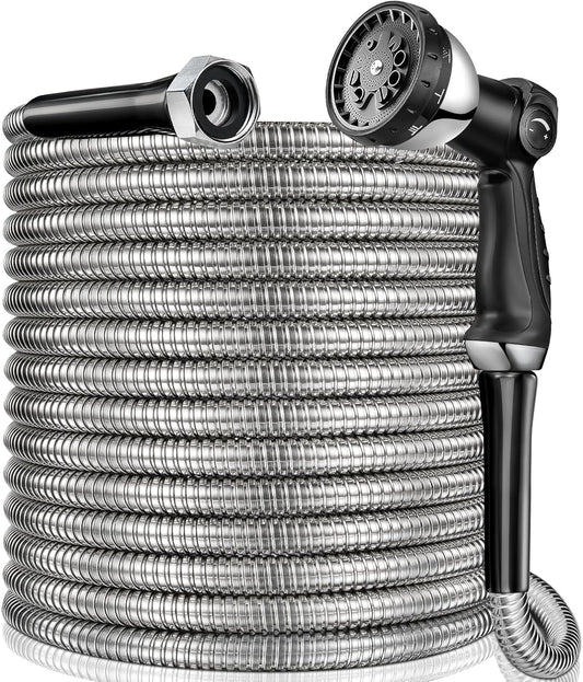65 ft Garden Hsoe - 2025 New 304 Stainless Steel Garden Hose with 10-Function Spray Gun, 3/4'' Copper-Chrome Fittings – Lightweight, Durable, and Kink-Free, Metal Water Hoses for Gardening