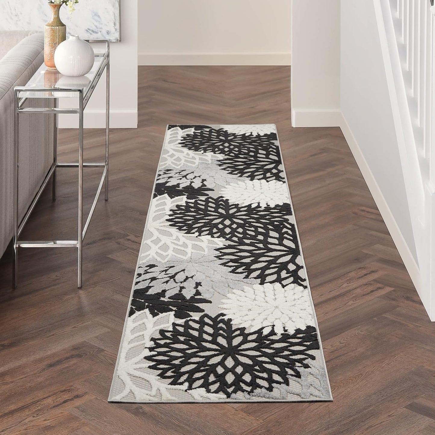 Nourison Aloha Indoor/Outdoor Black White 2'3" x 12' Area Rug, Tropical, Botanical, Easy Cleaning, Non Shedding, Bed Room, Living Room, Dining Room, Deck, Backyard, Patio (2x12)