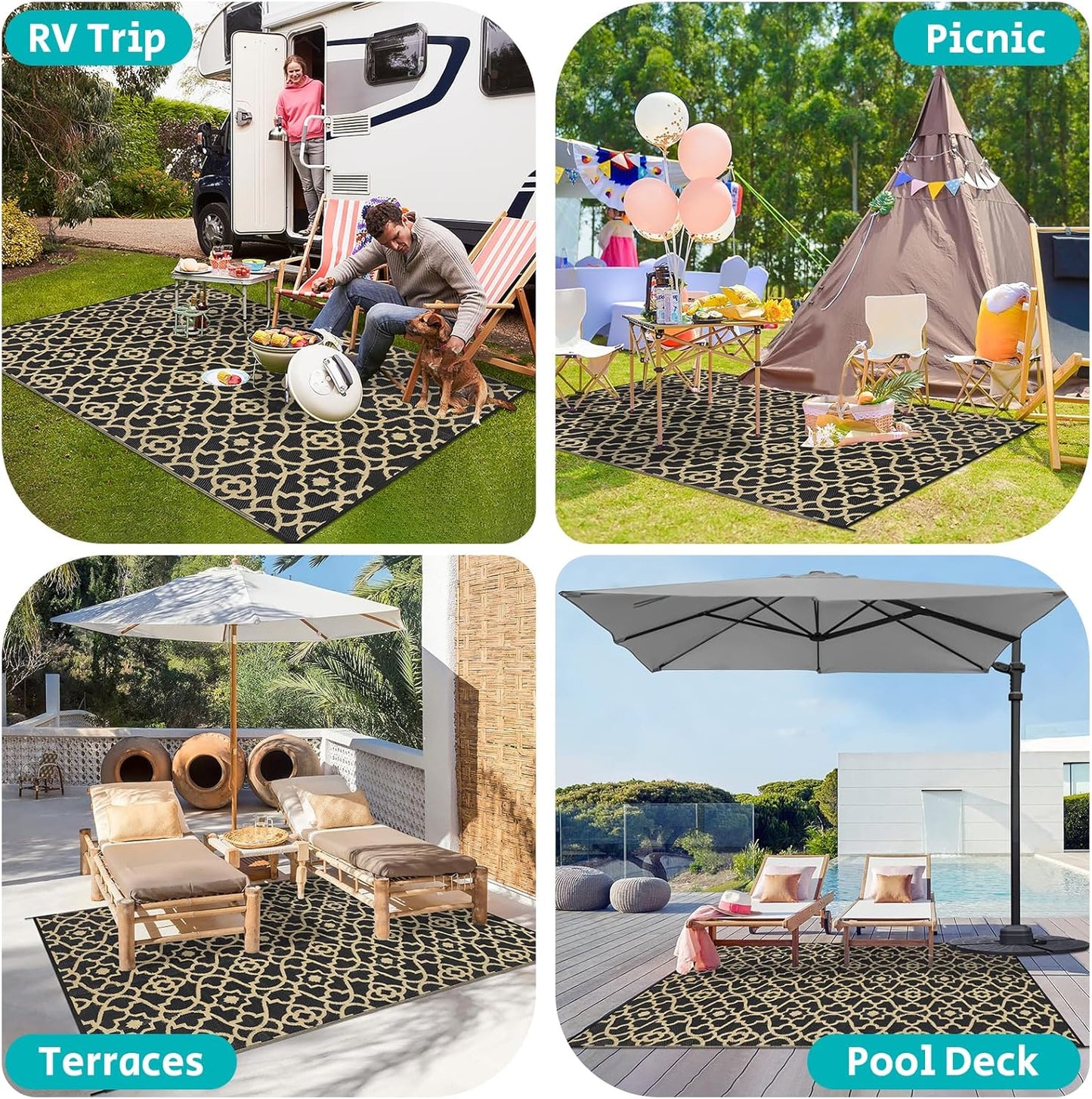 HEBE Outdoor Rug Waterproof 5x8, Reversible Plastic Straw Rug RV Camping Rug, Indoor Outdoor Patio Mat Clearance, Outside Carpet for Porch,Deck,Camper,Balcony,Backyard,Picnic