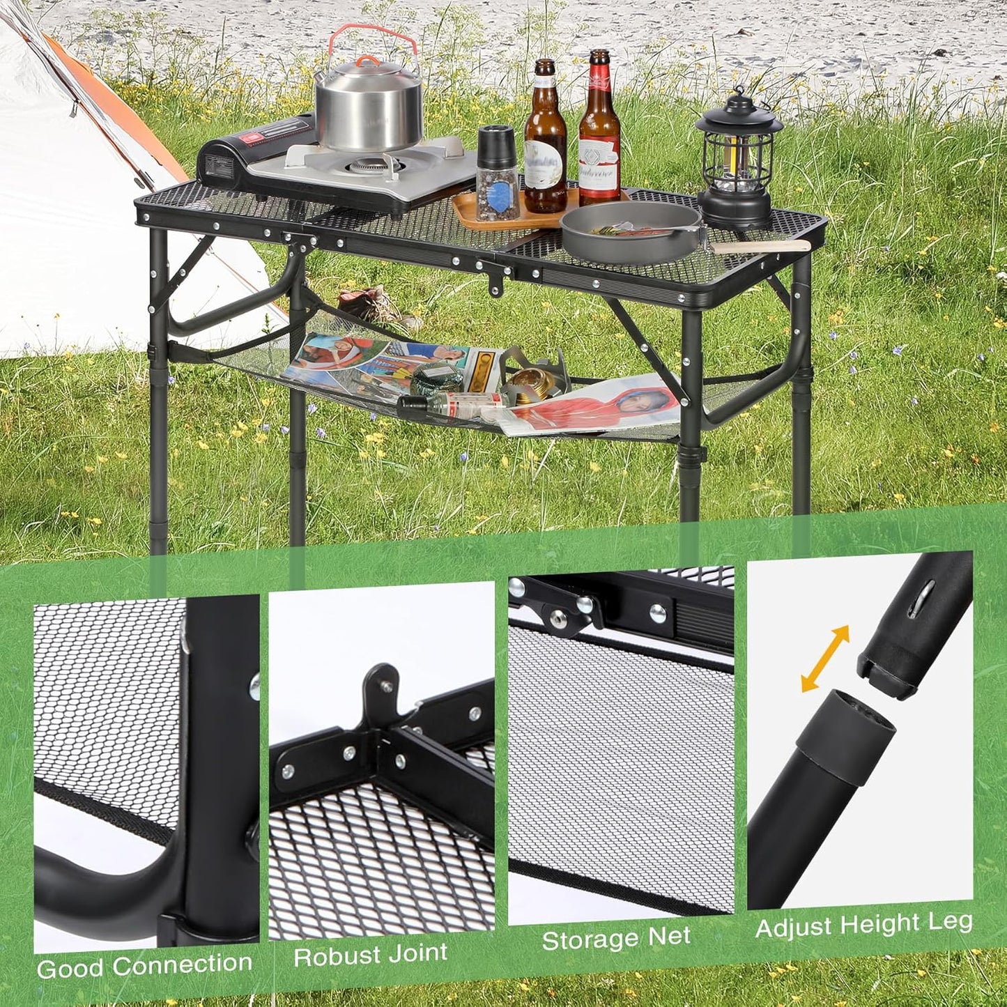 RedSwing Tri-fold Folding Picnic Table, Lightweight Height Adjustable Aluminum Frame Table with Mesh Layer for Outdoor Camping Picnic BBQ, Black