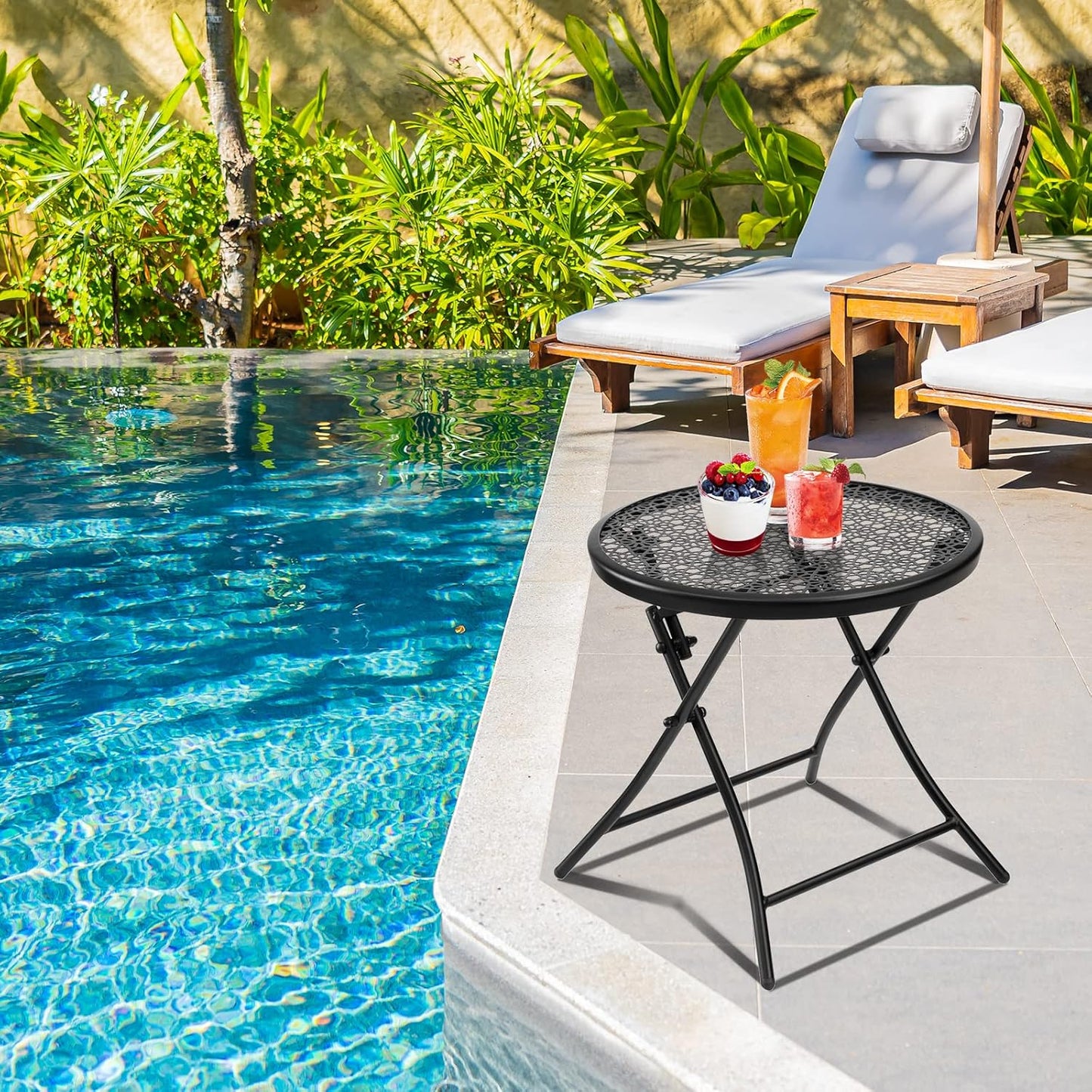 TeoKJ Folding Outdoor Side Tables, Anti Rust Small Patio Table Round Metal Nightstand with Flower Cutouts for Porch Yard Balcony Deck Lawn, Set of 2, Black