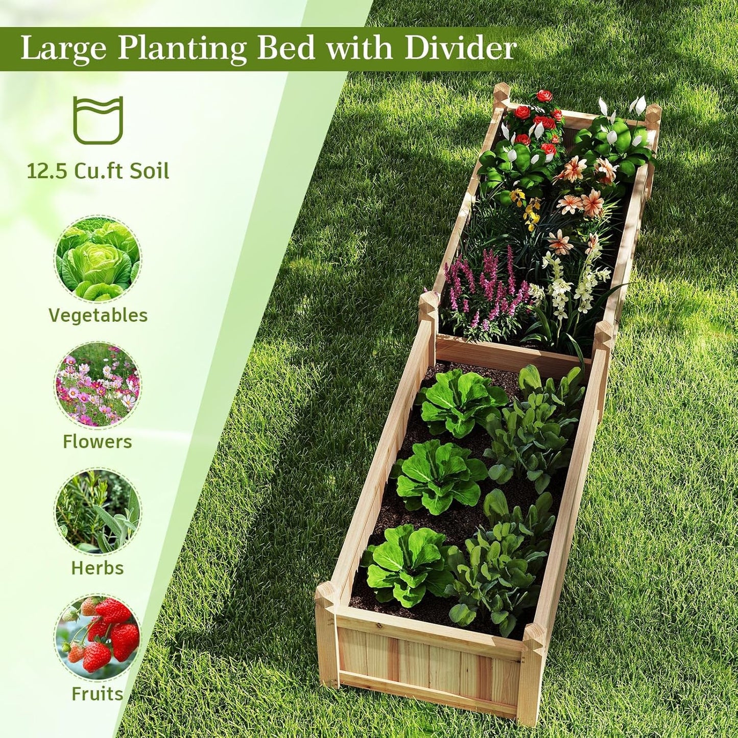 HAPPYGRILL Raised Garden Bed, Wooden Elevated Garden Box w/8 Drain Holes, Detachable Bottom Panels, Liner for Flowers Vegetables Herbs Fruits, Outdoor Planter Box for Backyard Lawn, 89" x 23.5" x 16"