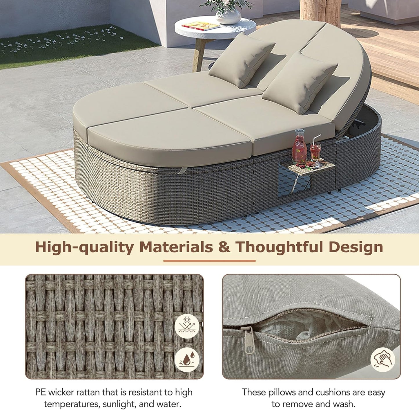 kevinplus Outdoor Daybed Patio Sunbed with Adjustable Backrests and Foldable Cupholder, Rattan Outdoor Garden Daybed Sunbed Reclining Chaise Lounge for Poolside Balcony, Gray