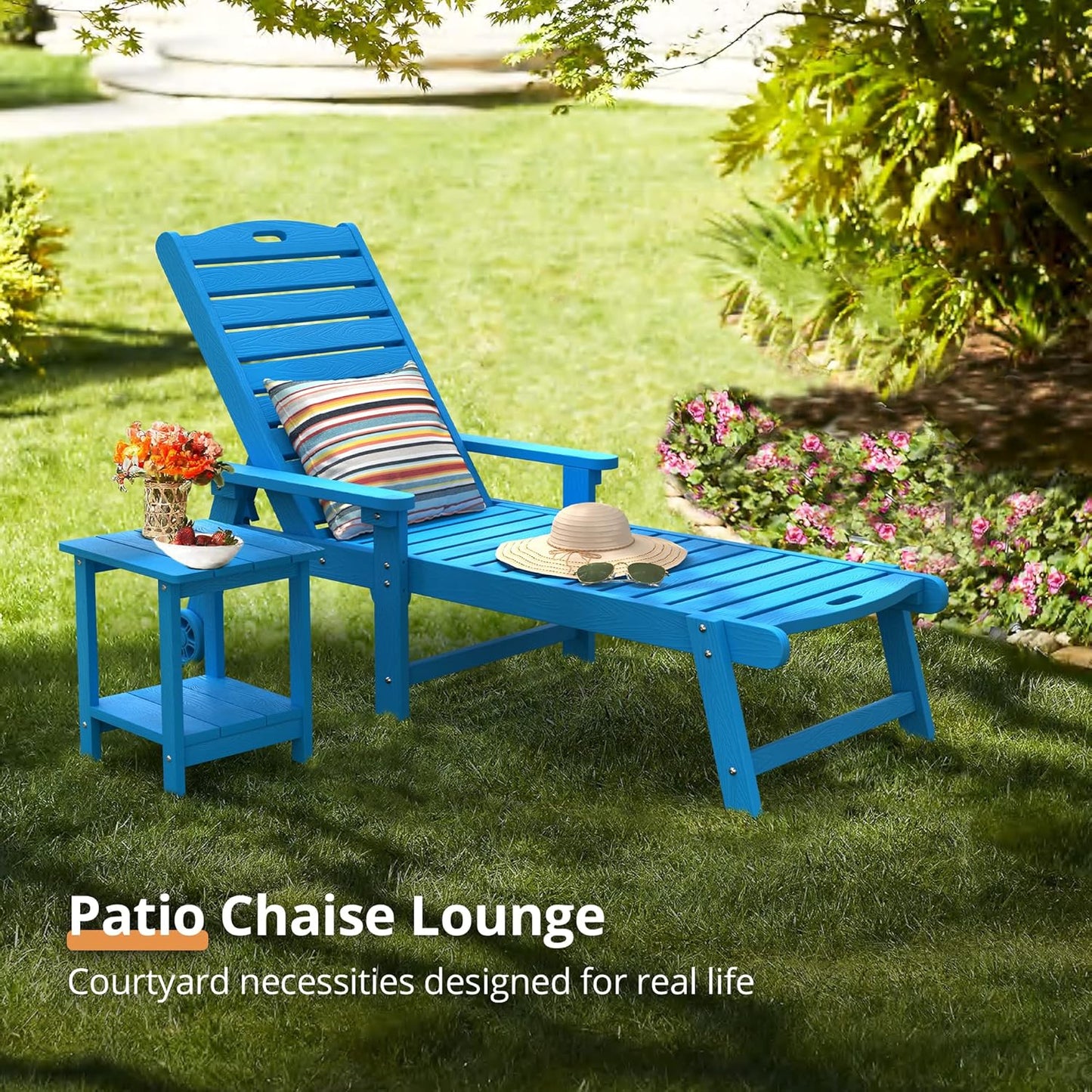 LUE BONA Outdoor Chaise Lounge Chairs Set of 4, 79'' Oversized HDPS Chaise Lounger, 5 Positions Adjustable Lounge Chairs, Pool Lounge Chair with Wheels for Poolside, Backyard, 3 Year Warranty, Blue