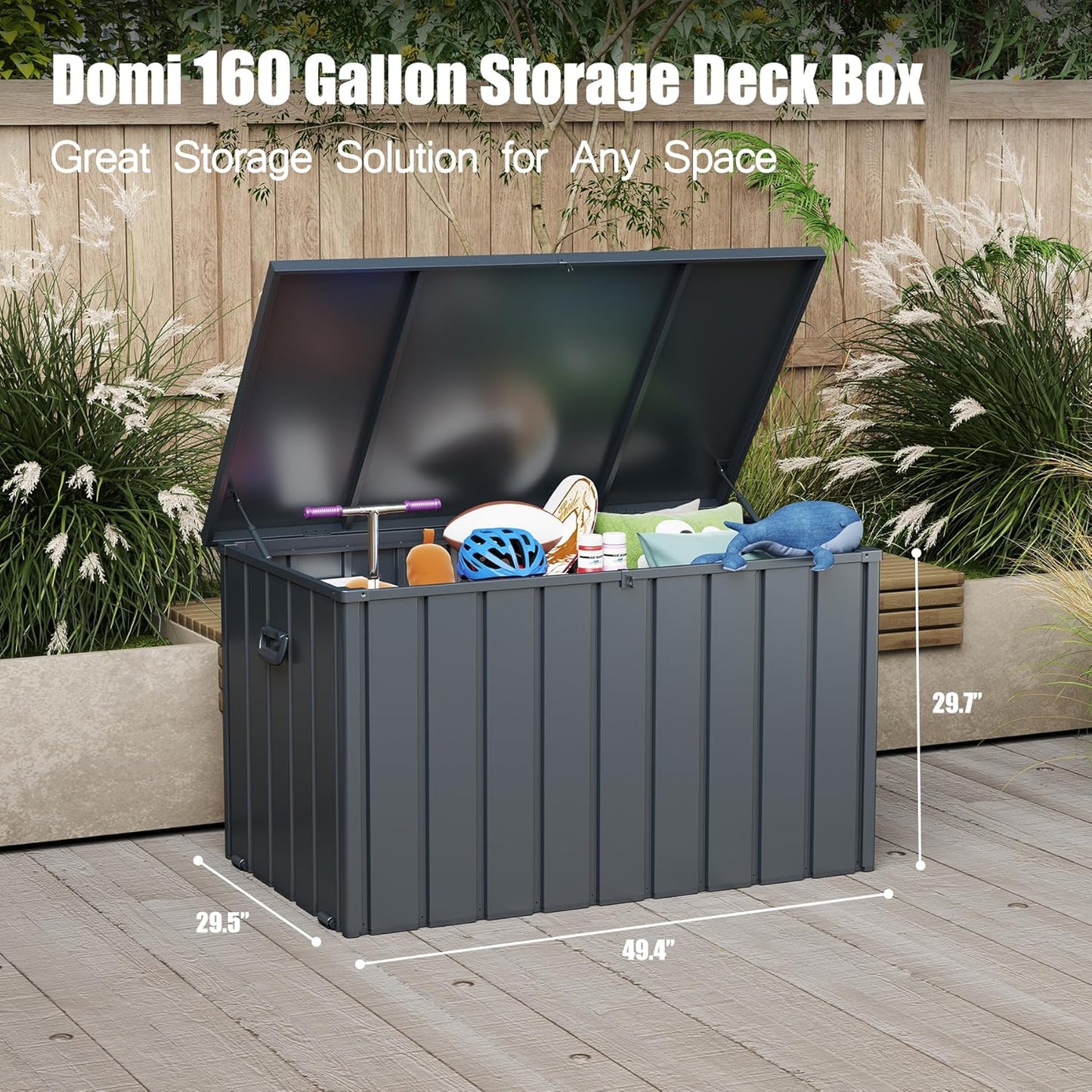Domi Deck Box 160 Gallon, Waterproof Lockable Steel Outdoor Storage Container for Outside Cushions, Garden Tools and Pools Equipment, Gray