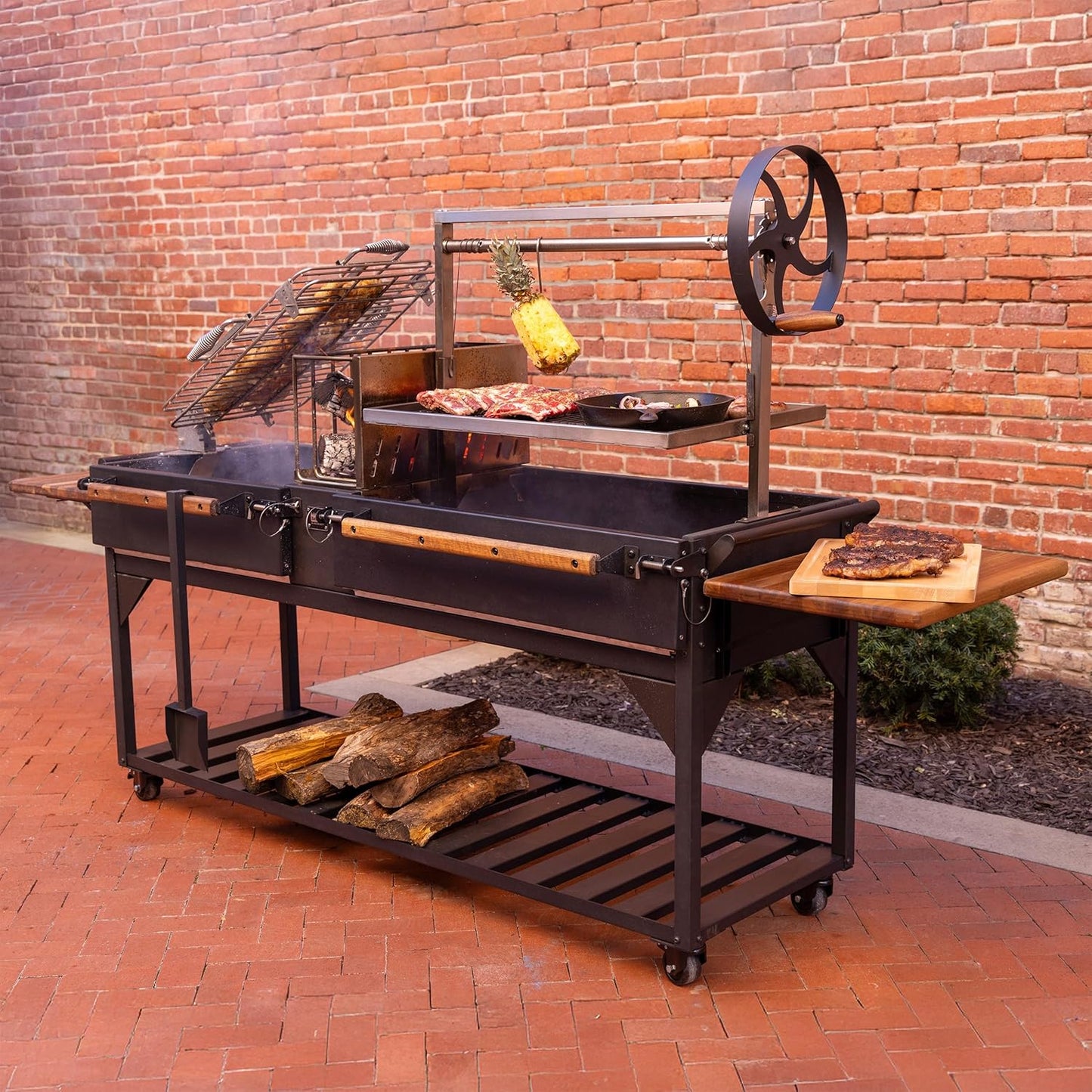 Backyard Discovery Argentine Santa Maria XL Wood Fire & Charcoal Steel BBQ Grill with Asado Clamp, Adjustable Grill Grates, Brasero, Fire Bricks, S-Hooks, Acacia Wood Table for Outdoor Gaucho Grilling