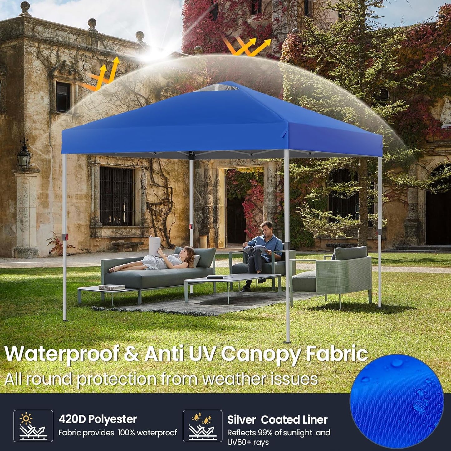 Shades 10x10 Pop Up Canopy with One Push Setup,Heavy Duty Beach Tent with Wheels for Easy Moving, Sun Shelter for Parties,Events, Outdoor Gazebo with 420D Coated Waterproof Blue Fabric