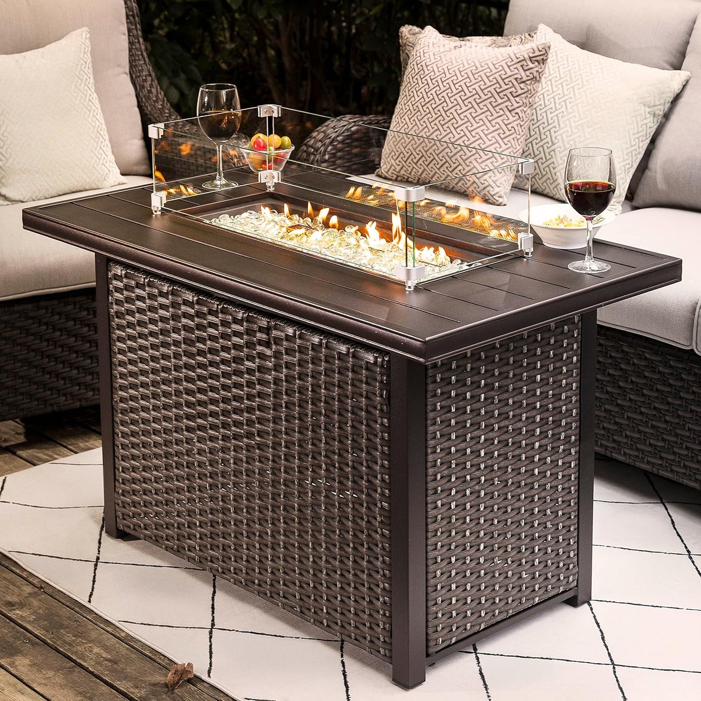 Nuu Garden Outdoor 43 Inch 50,000 BTU Propane Fire Pit Table, CSA Certified Patio Propane Fire Pit with Wind Guard, Lid, Oxford Cover, 7 lbs Glass Stone, Dark Brown