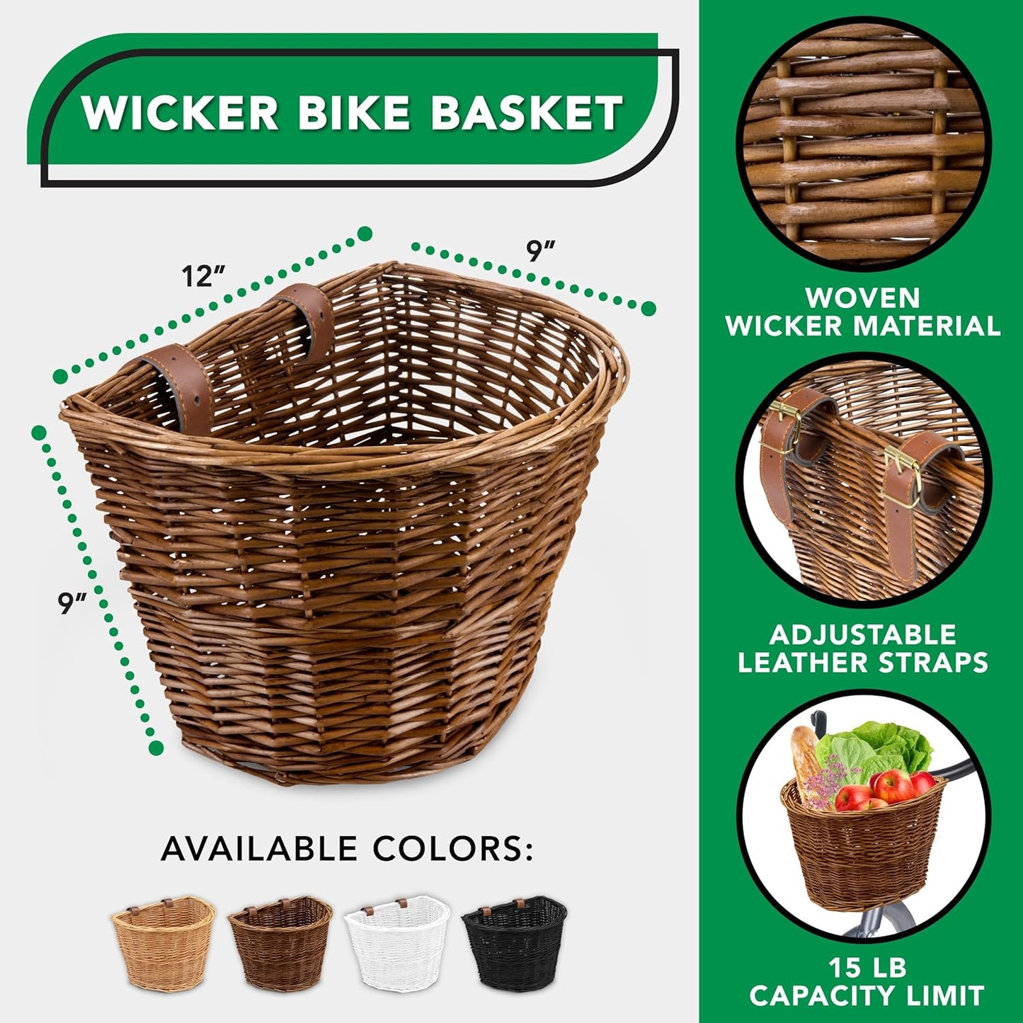 ProSource Wicker Bike Basket Front Cargo for Women and Men, Fits Most Bikes, Beach Cruiser, Stationary Bike, Ebike, Road Bike, Brown