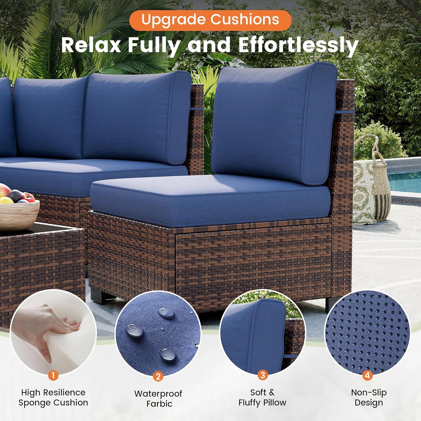 UDPATIO Patio Furniture Set, 8 Inch Armrest Outdoor Sectional Sofa, 6 Piece Wicker Outdoor Furniture Conversation Sets with Waterproof Cover and Coffee Table for Backyard Deck(Brown/Navy Blue)