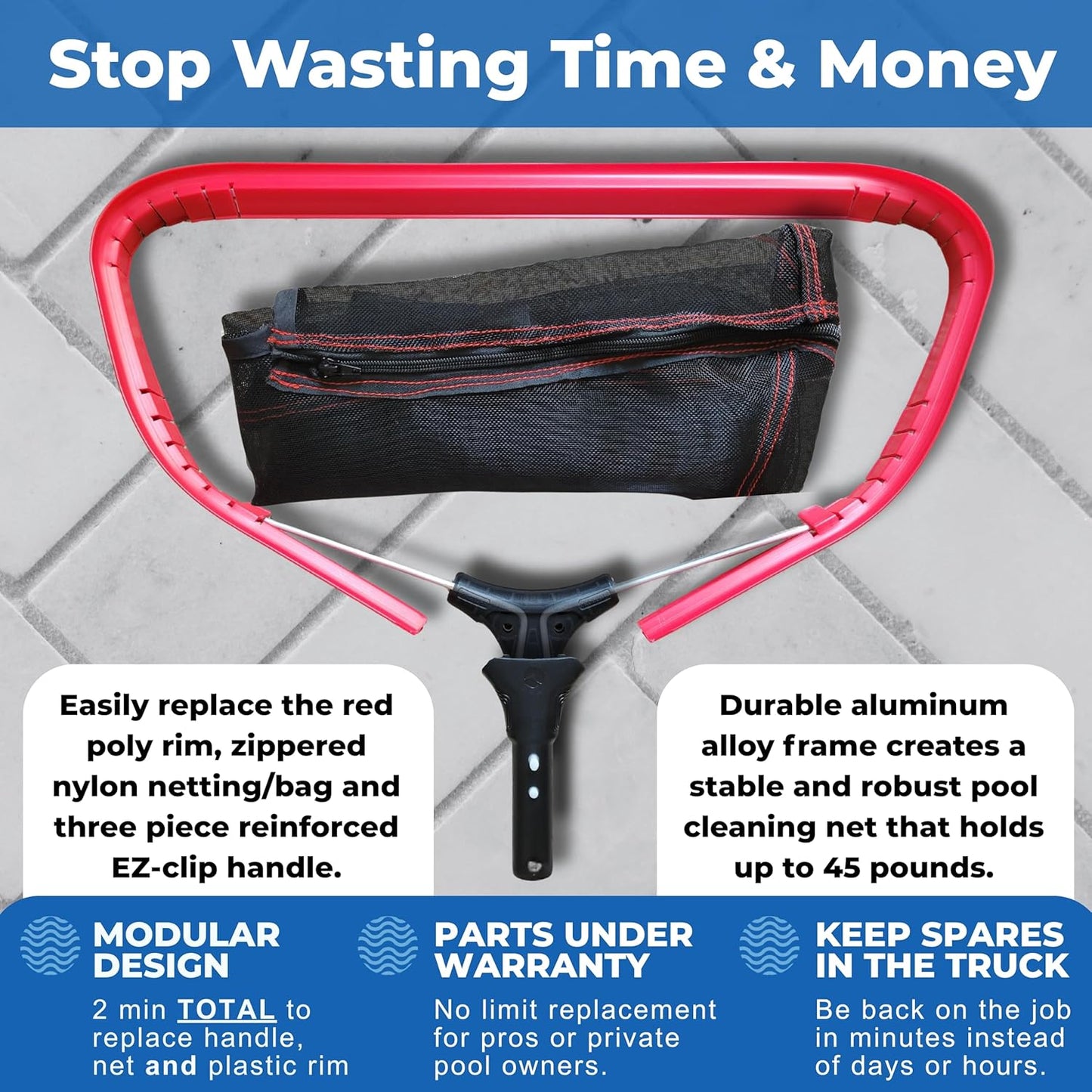 ProTuff 19" Fine Pool Net for PROS – “490 Promise” Unlimited Unconditional Replacement – Cleans 3X Faster Than Vacuum – Wide Pool Skimmer Net with Deep Bag for Easy Maintenance of Leaves, Bugs, Debris