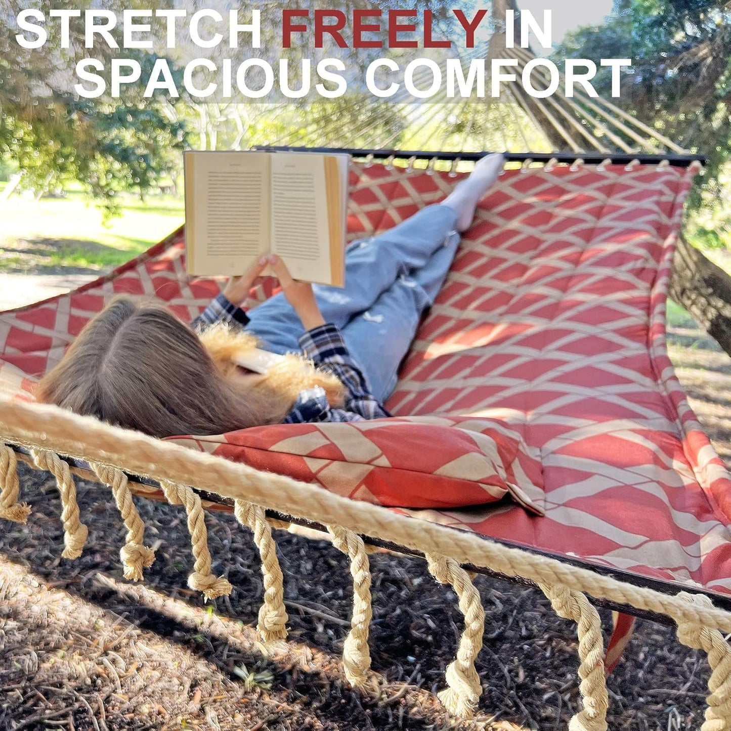 13FT Double Hammock With Spreader Bars - 600 lbs Capacity, Detachable Pillow, Heavy Duty Hanging Tree Design for Outside, Patio, Garden, Backyard, Beach, and Poolside