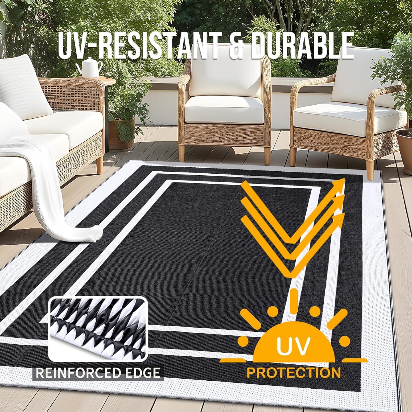 OLANLY Outdoor Rug 5x8 ft Waterproof, Reversible Outdoor Plastic Straw Rug, RV Mat, Indoor Outdoor Carpet Clearance for Patio, Camping, Balcony, Deck, Backyard, Black & White