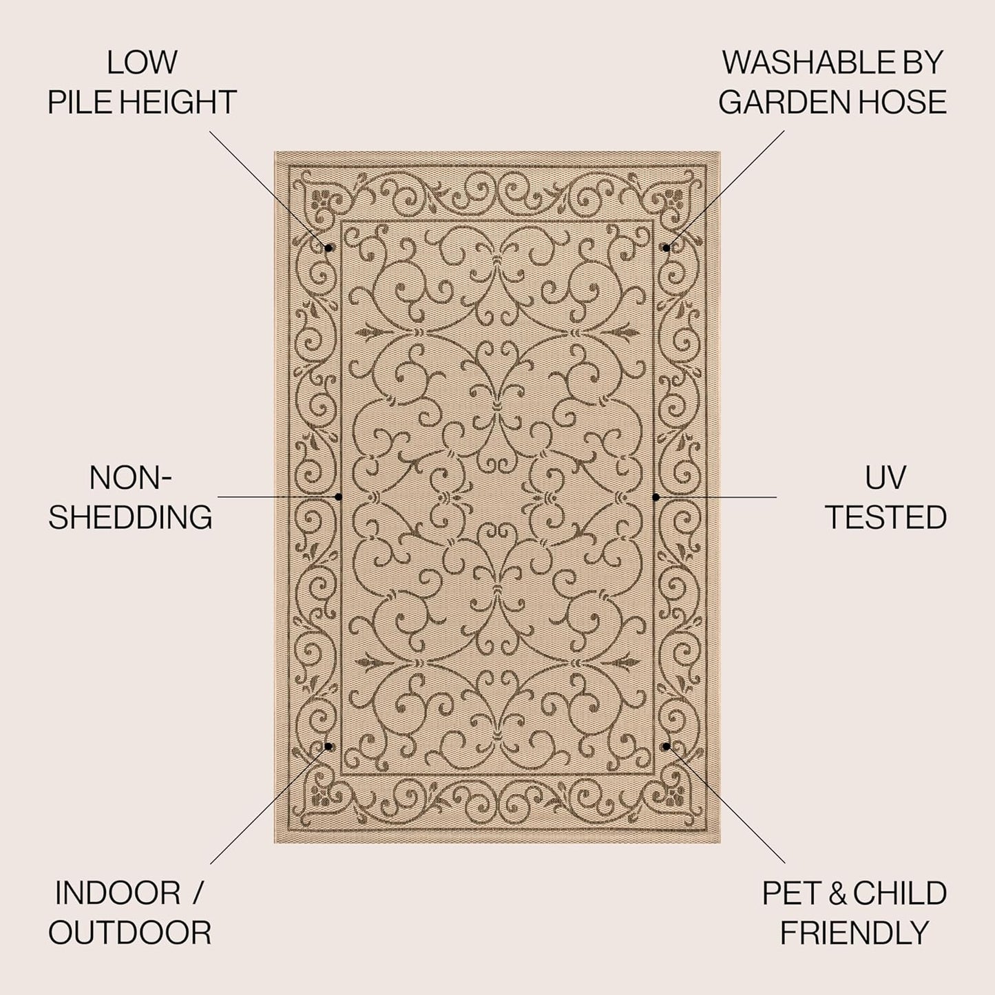 JONATHAN Y SMB106A-5R Charleston Vintage Filigree Textured Weave Indoor Outdoor Area Rug Classic Coastal Easy-Cleaning Bedroom Kitchen Backyard Patio Non Shedding, 5' Round, Beige/Brown
