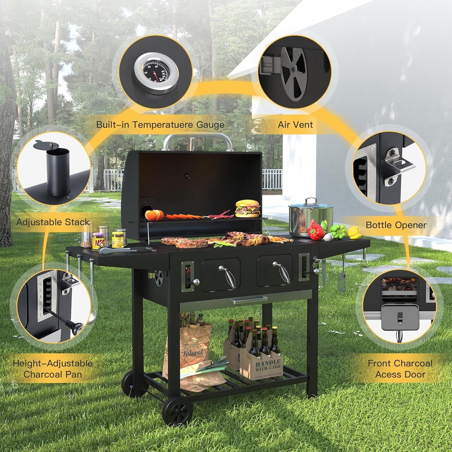 DIFY Extra Large Charcoal Grill with 589 Sq. In. Cooking Area and Foldable Side Table, Outdoor Barbecue Grill with a Liftable Charcoal Tray for Outdoor Picnic and Camping Grilling, Black