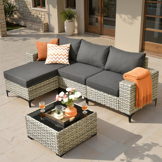 ovios 5 Pieces Patio Furniture Set Outdoor Sectional Sofa Couch with Deep Seat Chaise Comfy Cushions, Modern Modular Wicker Rattan Conversation Set Porch Deck Garden, Black