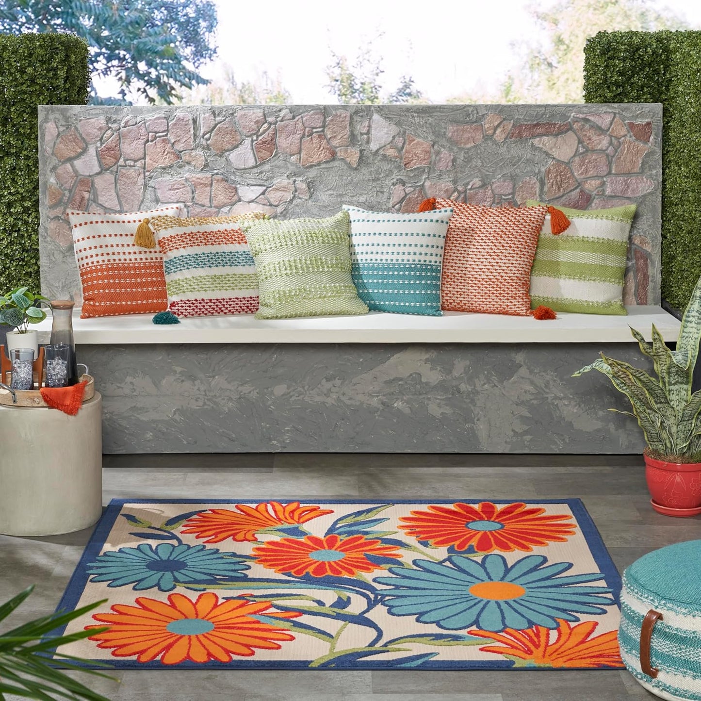 Nourison Home Aloha Multicolor 5' x Square Area Rug, Easy Clean, Non Shedding, Bed Room, Living Room, Dining Room, Kitchen (5' Square)