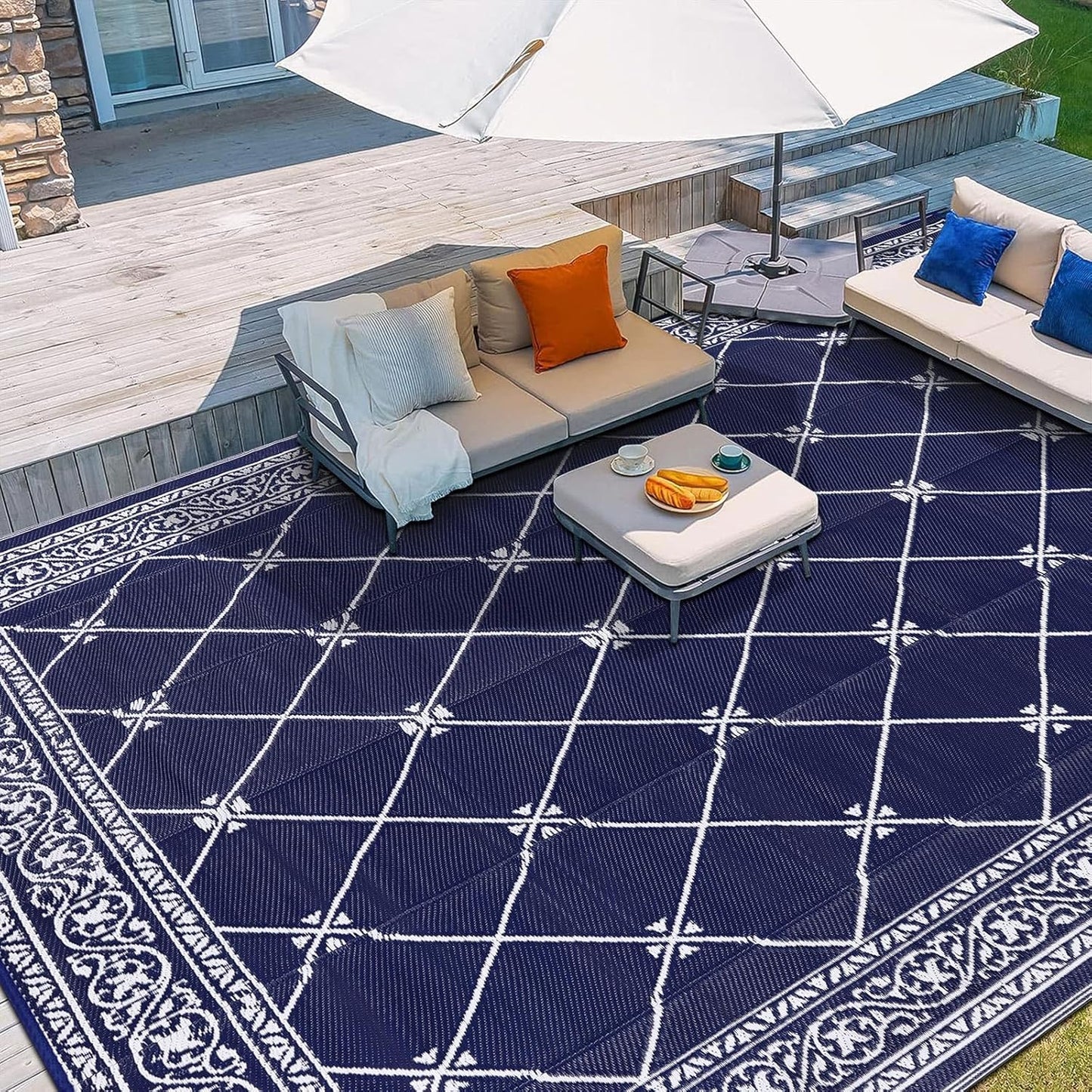 Outdoor Rug 8'x10' for Patios Waterproof Patio Rugs Outdoor Mats for Front Porch,Beach Mat,Reversible Plastic Straw Camping Rugs for Outside RV,Deck,Balcony,Backyard Navy Blue
