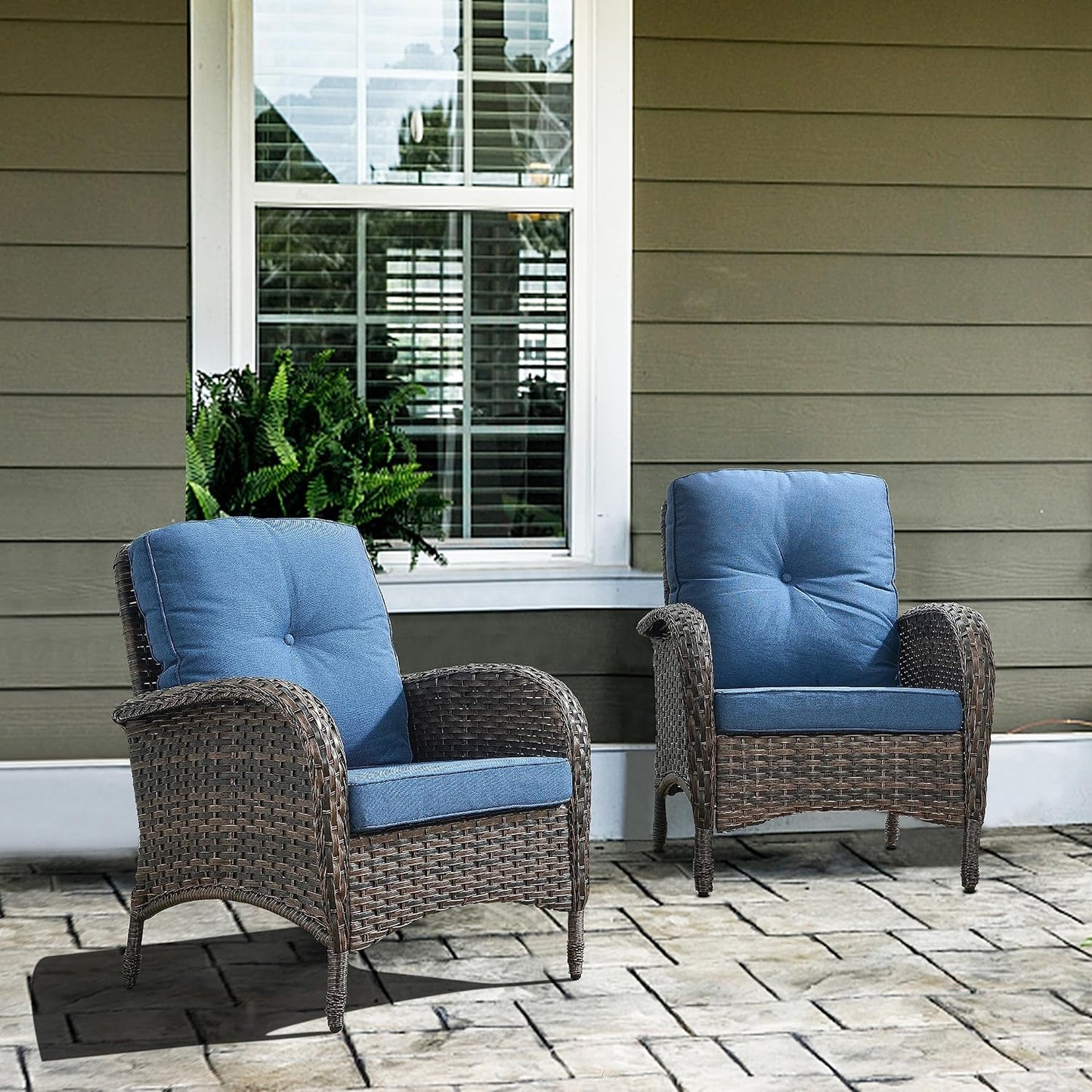7 Piece Outdoor Patio Wicker Furniture Sets with Swivel Rocker Chairs, Rattan Loveseat Conversation Sets for Patio Deck Backyard Poolside, Blue Cushion
