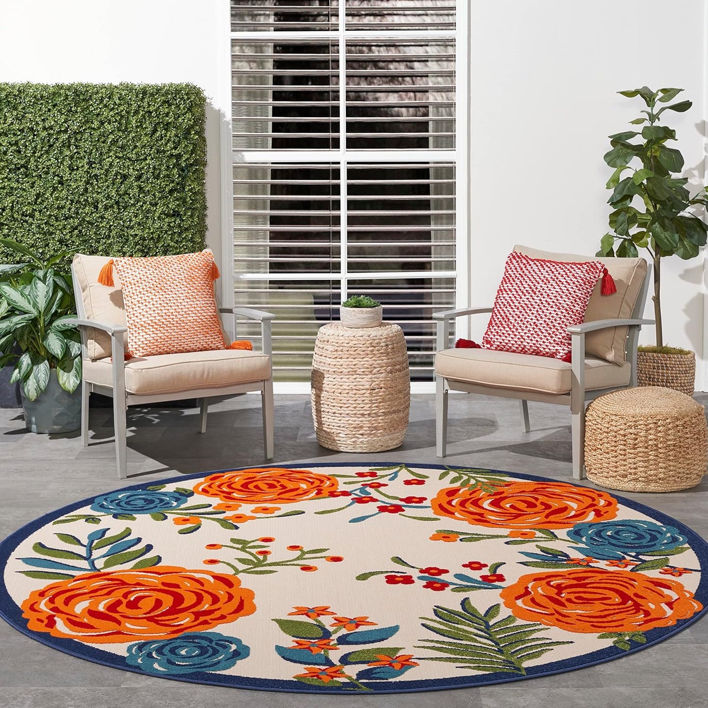 Nourison Home Aloha Indoor/Outdoor Multicolor 7’10” x Round Area Rug, Easy-Cleaning, Non Shedding, Bed Room, Living Room, Dining Room, Backyard, Deck, Patio (8 Round)