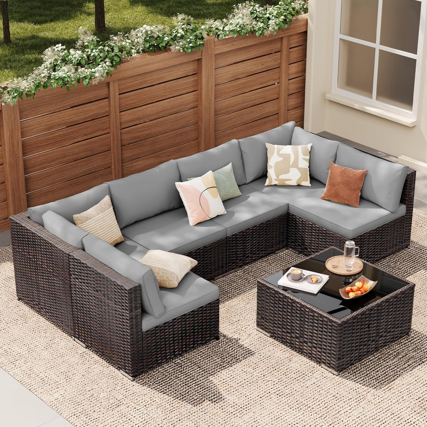 7 Pieces Outdoor Patio Furniture Set, PE Rattan Outdoor Wicker Sectional Furniture Sofa Set, with Cushions and Glass Coffee Table, for Balcony, Porch, Garden, Grey