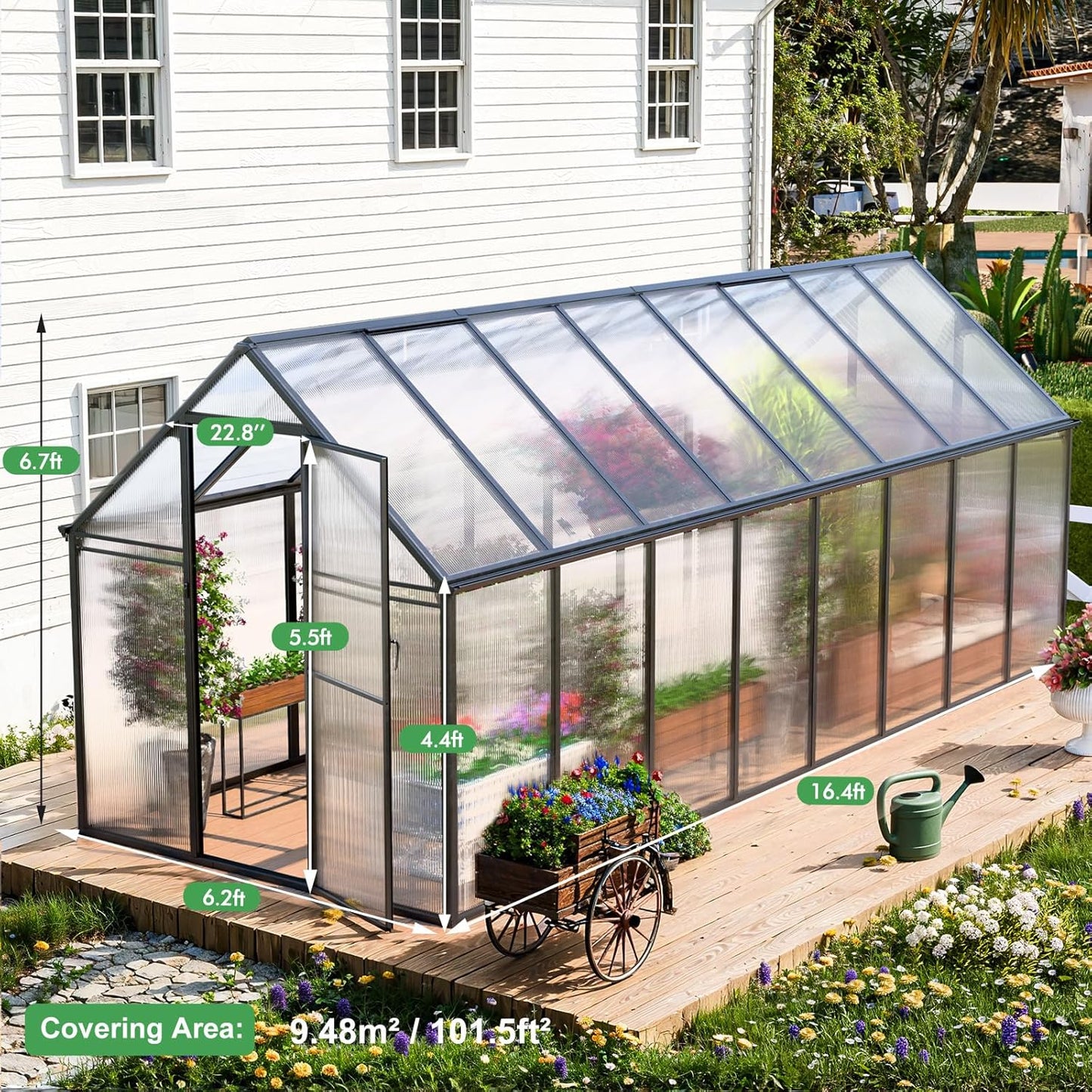 CDCASA 6x16 FT Greenhouse for Outdoors, Large Polycarbonate Greenhouse Aluminum Greenhouses w/Vent Window, Swing Door & Easy Assembly Walk-in Green House for Patio, Backyard, Garden, Black