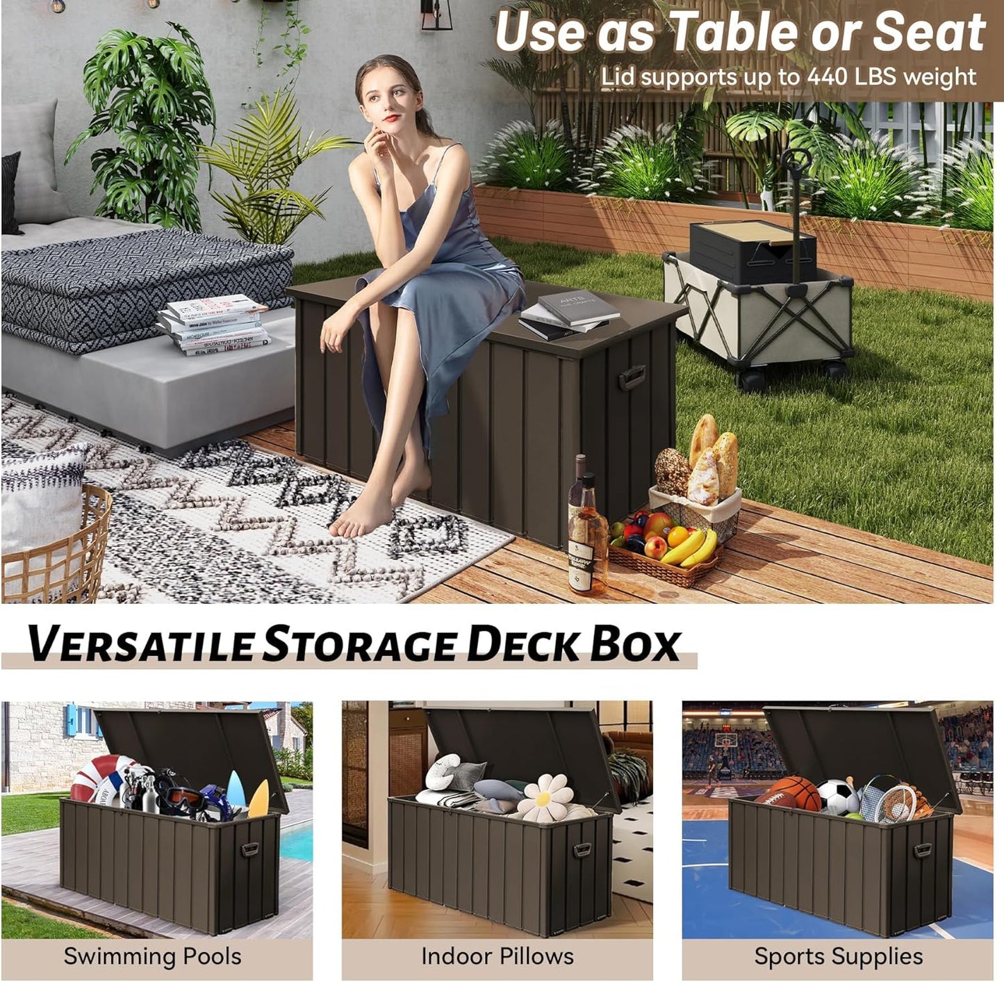 200 Gallon Deck Box, Outdoor Metal Storage Box Waterproof, Large Patio Furniture Storage Cabinet, Lockable Storage Chest for Porch, Pillows, Cushions, Pool, Tools, Backyard -Brown