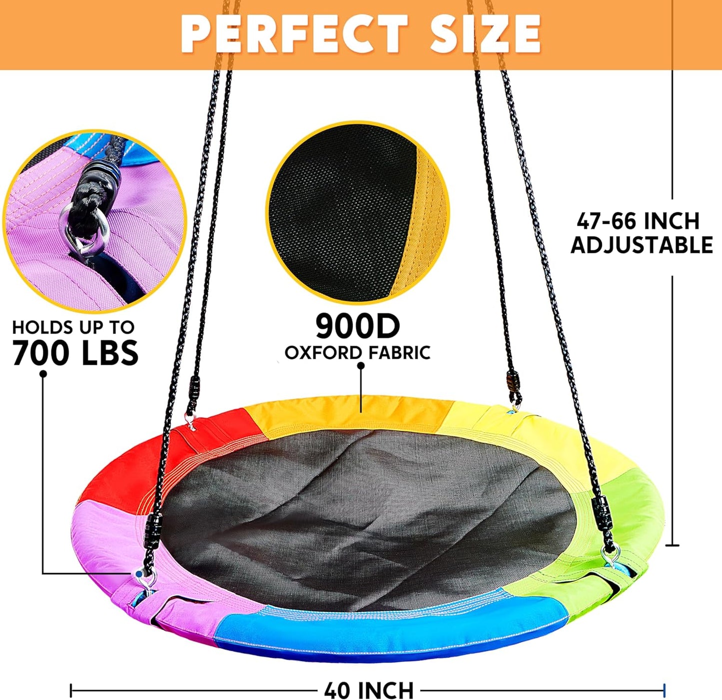 TURFEE 40" Saucer Tree Swing for Kids - 900Lb Weight Capacity, 900D Waterproof Oxford Fabric Platform Swing Seat with Adjustable Ropes for Kids Playground Outdoor Activity Backyard Fun (Rainbow)