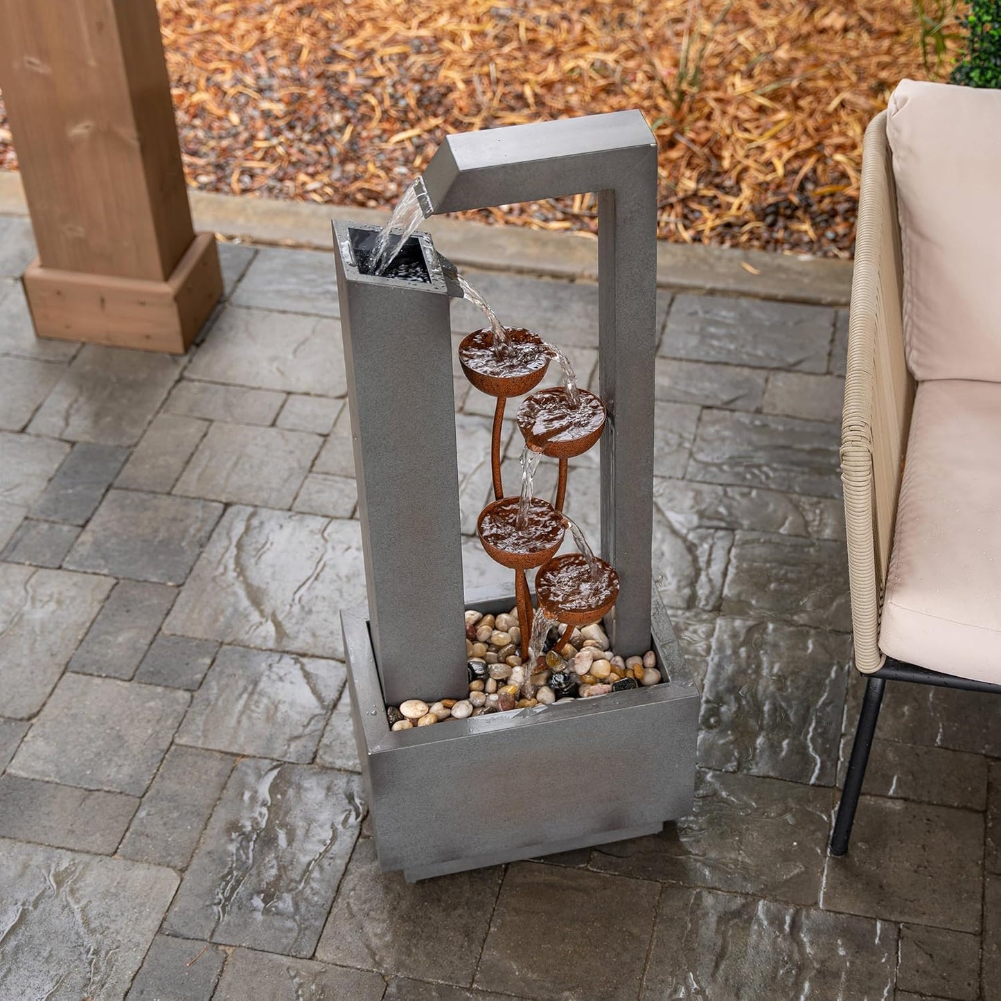 XBrand Sculptural Freestanding Metal Multi-Tiered Water Fountain w/Flowers, No LED Lights, Gray and Bronze, 38" Tall