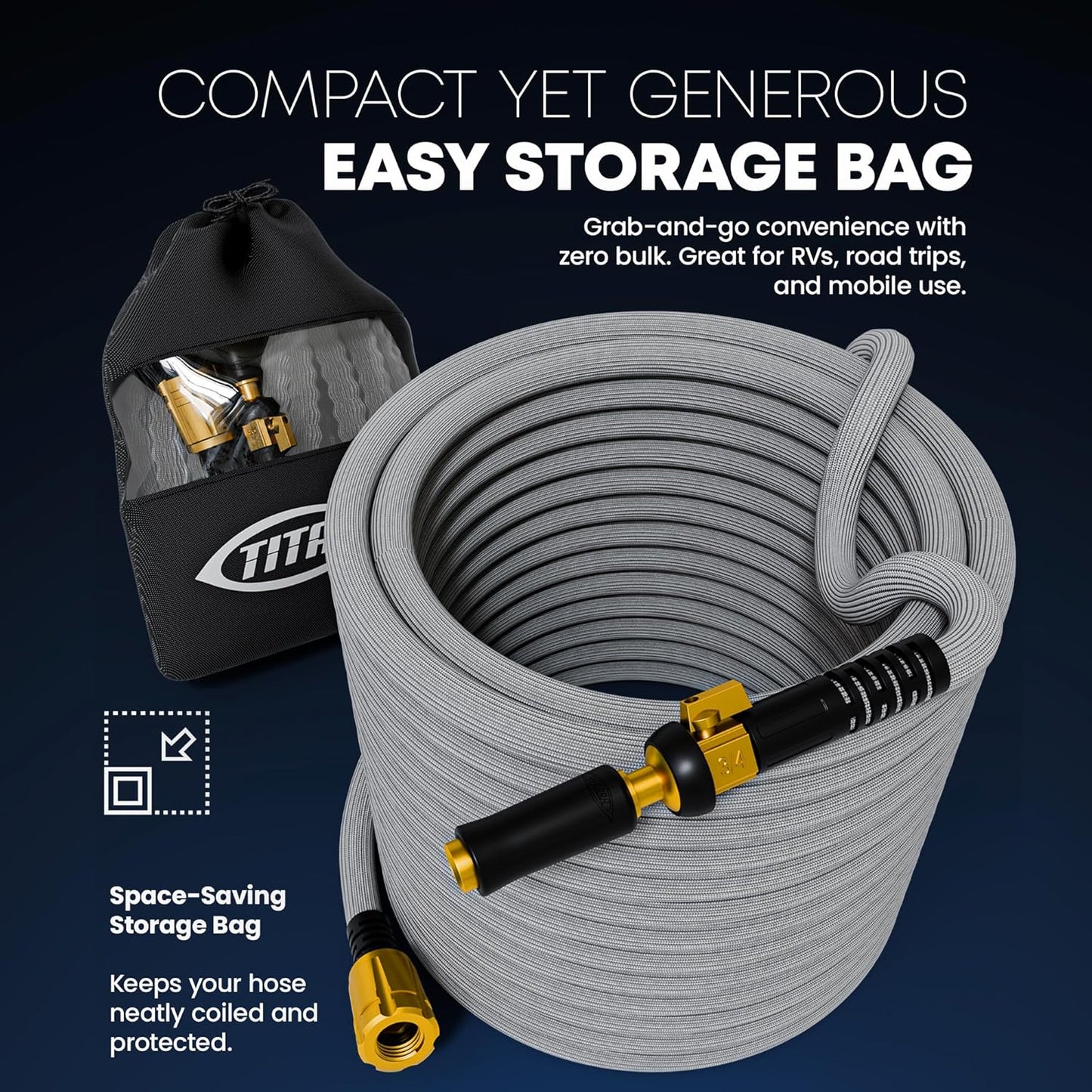 TITAN Flexible Garden Hose 50FT – Ultra Lightweight, Heavy Duty Water Hose with Brass Fittings & Jet Nozzle – Kink-Free, Non-Expanding, Durable Fabric Hose for Yard, Lawn, Car Wash, Outdoor Use