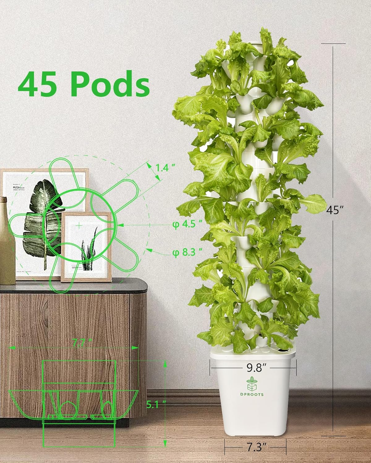Hydroponic Tower Growing System，45 Pods Vertical Garden，Suitable for Indoor and Greenhouse, Grow Herbs and Vegetables，Houseplant Farming with Water Circulation and Automatic Timer