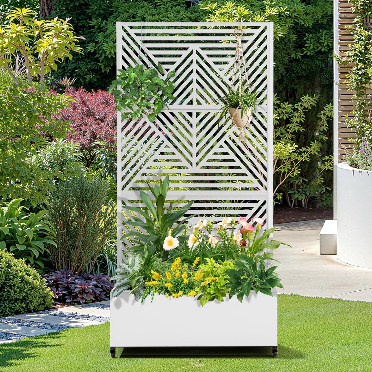 FENCY Metal Raised Garden Bed with Wheels and Trellis,73"x35"x16" Planter Box for Climbing Plants, Vegetables & Vines, Features Privacy Screen and Drainage Holes (White-Modern)