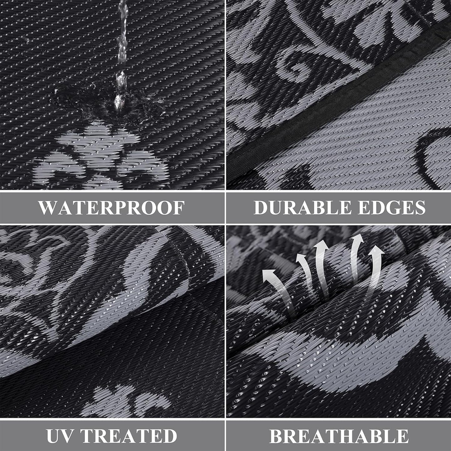 Pauwer Waterproof Outdoor Rug 8x10, Reversible Plastic Straw Patio Camping Rug, Indoor Outdoor RV Mat Carpet for Deck, Camper, Porch, Balcony, Backyard, Picnic, Boho Black Grey