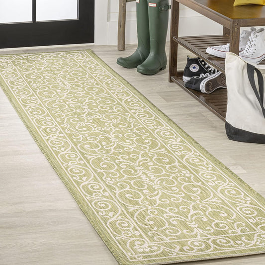 JONATHAN Y SMB106H-210 Charleston Vintage Filigree Textured Weave Indoor Outdoor Runner Rug, Coastal,Traditional,Transitional Easy Clean,Bedroom,Kitchen,Backyard,Patio, Non-Shed, Green/Cream, 2 X 10