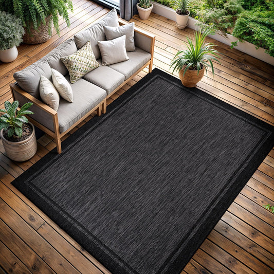 CAMILSON Indoor Outdoor Rug, 9x12 Bordered Dark Grey Black Modern Large Area Rugs for Indoor and Outdoor Patios, Kitchen and Hallway Mats, Washable Porch Deck Outside Carpet (Bordered Black, 9 x 12)