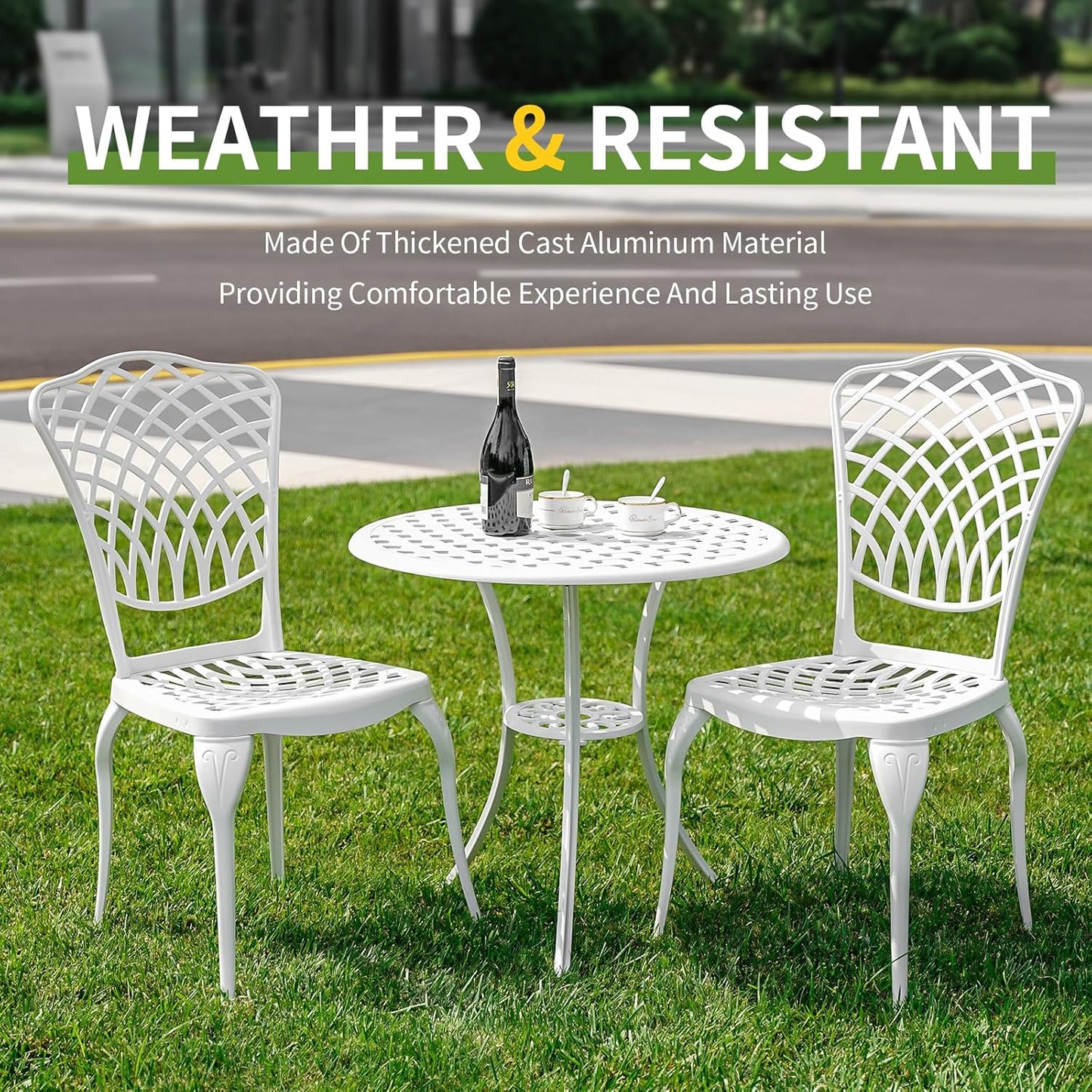 Bistro Set 3 Piece Outdoor Patio Bistro Set with Umbrella Hole, Rust Resistant White Bistro Table and Chairs Set of 2 Cast Aluminum Furniture for Porch Garden White