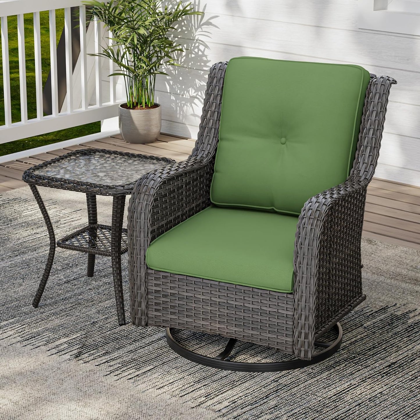 2 Pieces Outdoor Swivel Rocker Patio Chairs Set - Outdoor Wicker Patio Conversation Sets with 1 Side Table, Olefin Fabric Cushions Suitable for Backyard Deck and Porch, Green