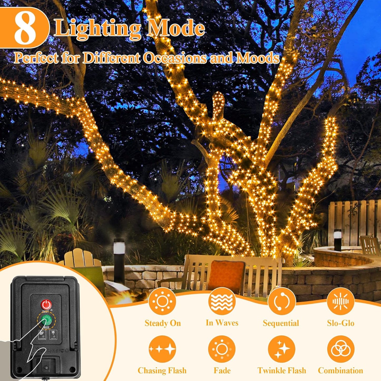 2 Pack Solar String Lights Total 240LED 80FT, IP67 Waterproof String Lights for Outside with 8 Modes, Upgraded Solar Panel Fairy Lights for Garden Party Wedding Decorations (Warm White)