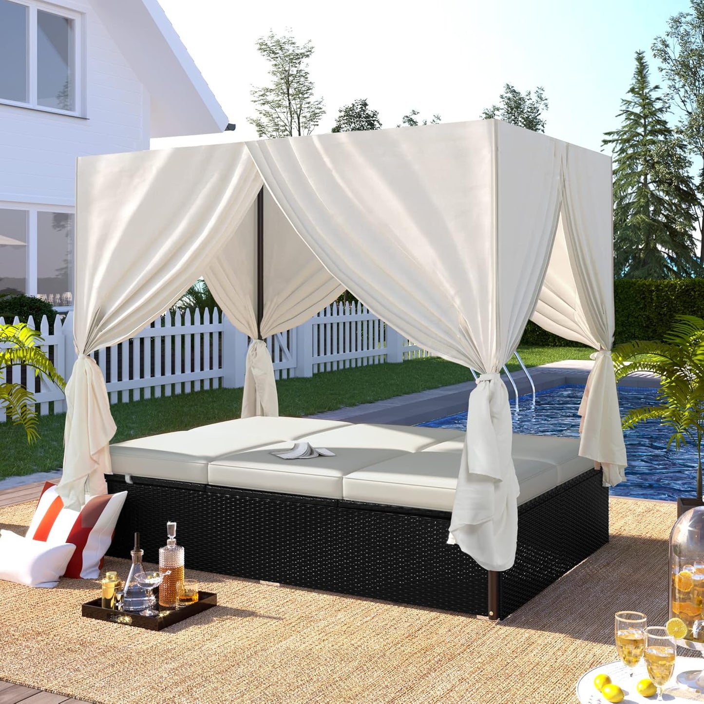 Patio Chaise Lounge, PE Rattan Outdoor Patio Wicker Sunbed Daybed with Adjustable Seats, Four-Sided Canopy, Overhead Curtain and Beige Cushions for Backyard, Garden, Poolside (for 2-6 People)