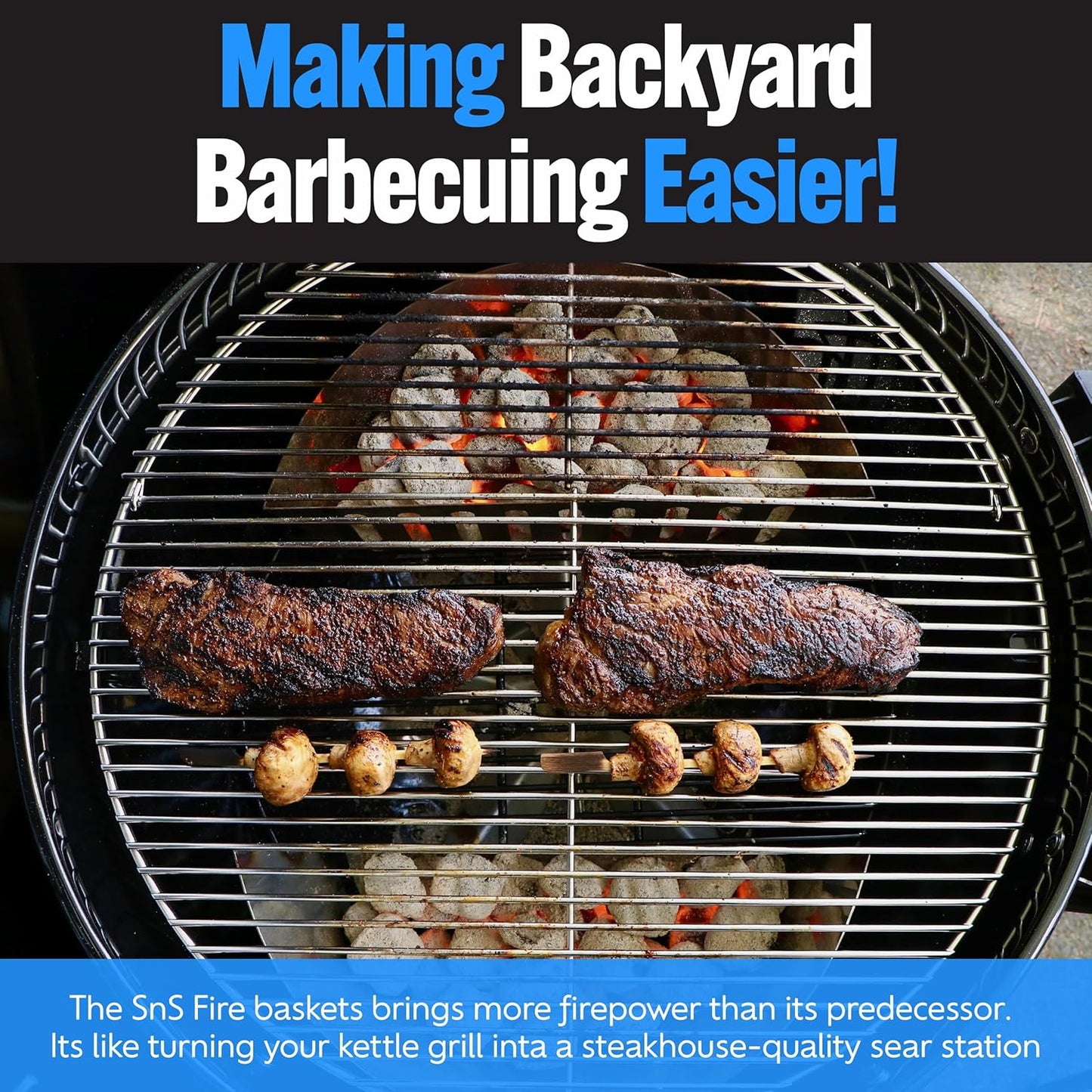 SnS Grills Slow ‘N Sear Charcoal Fire Baskets with Water Pan - Large Capacity Heavy Duty Stainless Steel Outdoor Grill Basket, Kettle Grill Accessory - Compatible with Weber and other Kettles