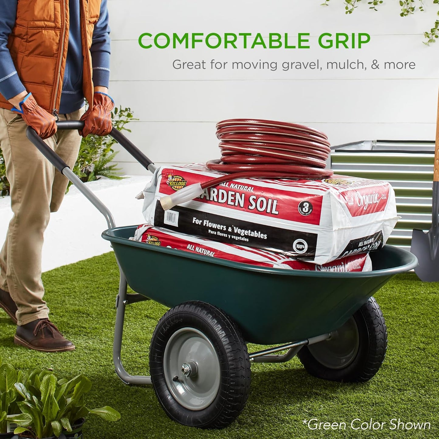 Best Choice Products Dual-Wheel Home Utility Yard Wheelbarrow Garden Cart w/Built-in Stand for Lawn, Gardening, Construction - Orange