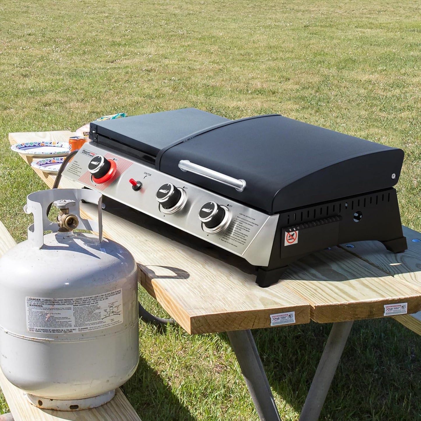 Royal Gourmet PD1305H 3 Burner Propane Gas Grill and Griddle Combo with Lid, 3-in-1 Grill Griddle Combo with 29,000 BTUs Output for Outdoor Cooking, 364 Sq. In. Cooking Area, Silver & Black