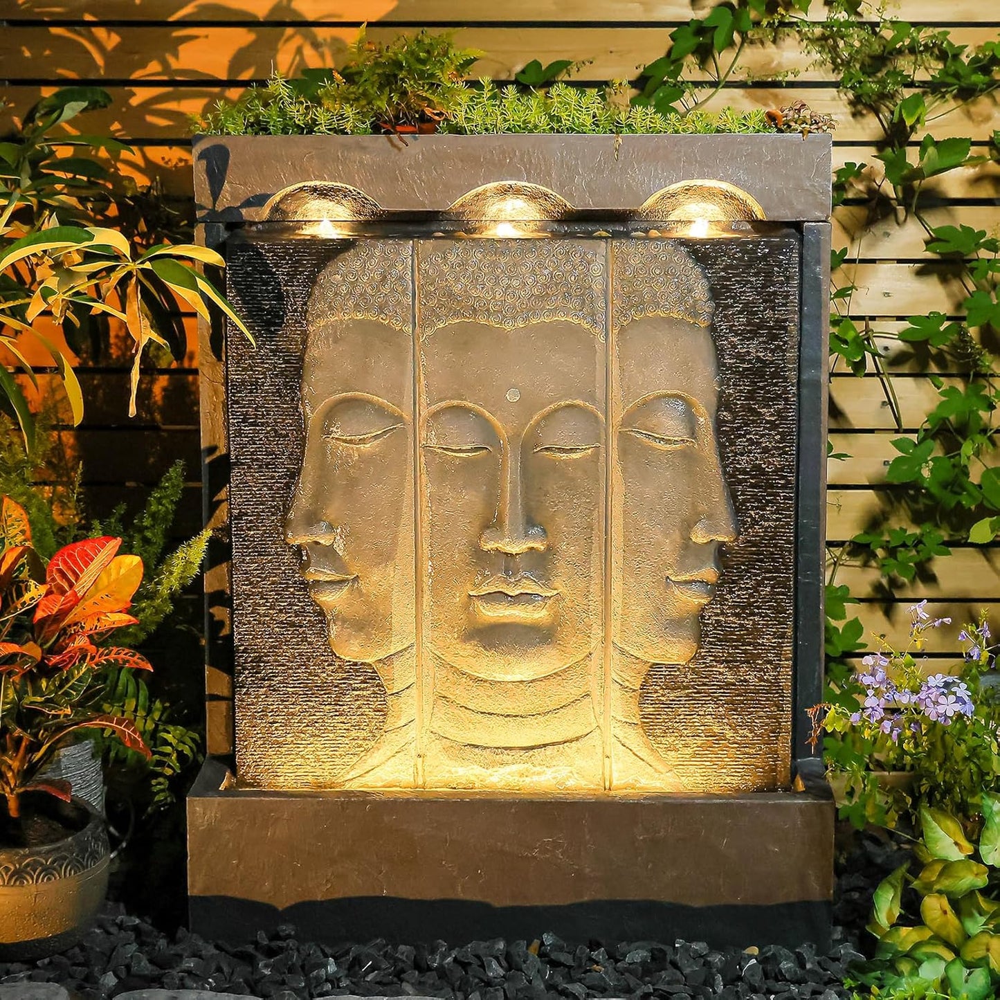 Zen Buddha Wall Fountain - Large Indoor Outdoor Waterfall Water Fountains with Planting Groove, Quiet Meditation Water Feature for Garden Patio Backyard Deck Lawn, 45 inches Tall, Gray