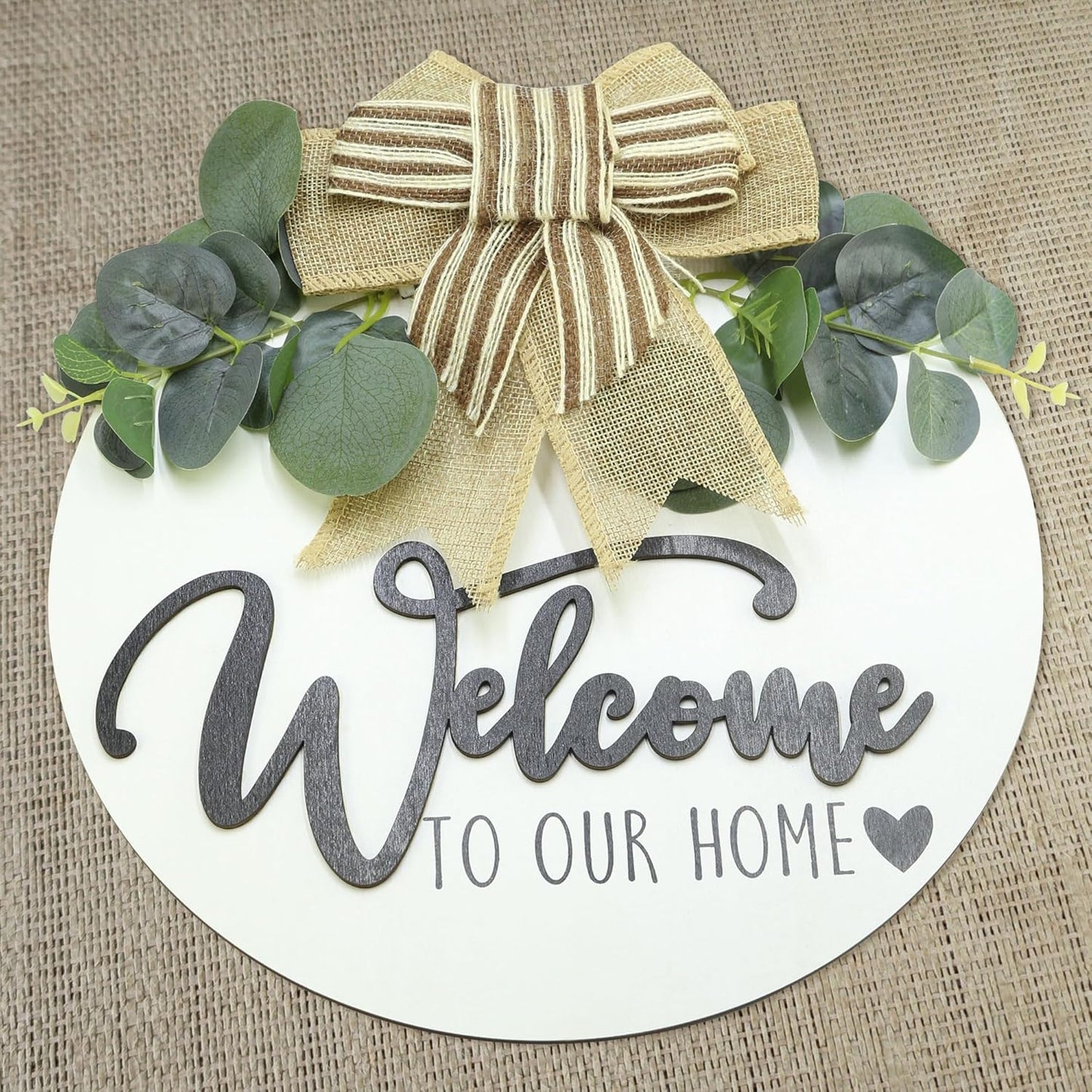 3D Welcome Sign for Front Door |Home/Farmhouse Porch Décor Wooden Hanging Sign with Artificial Leaves and Rustic Beads | Christmas Classroom |12" Round|White