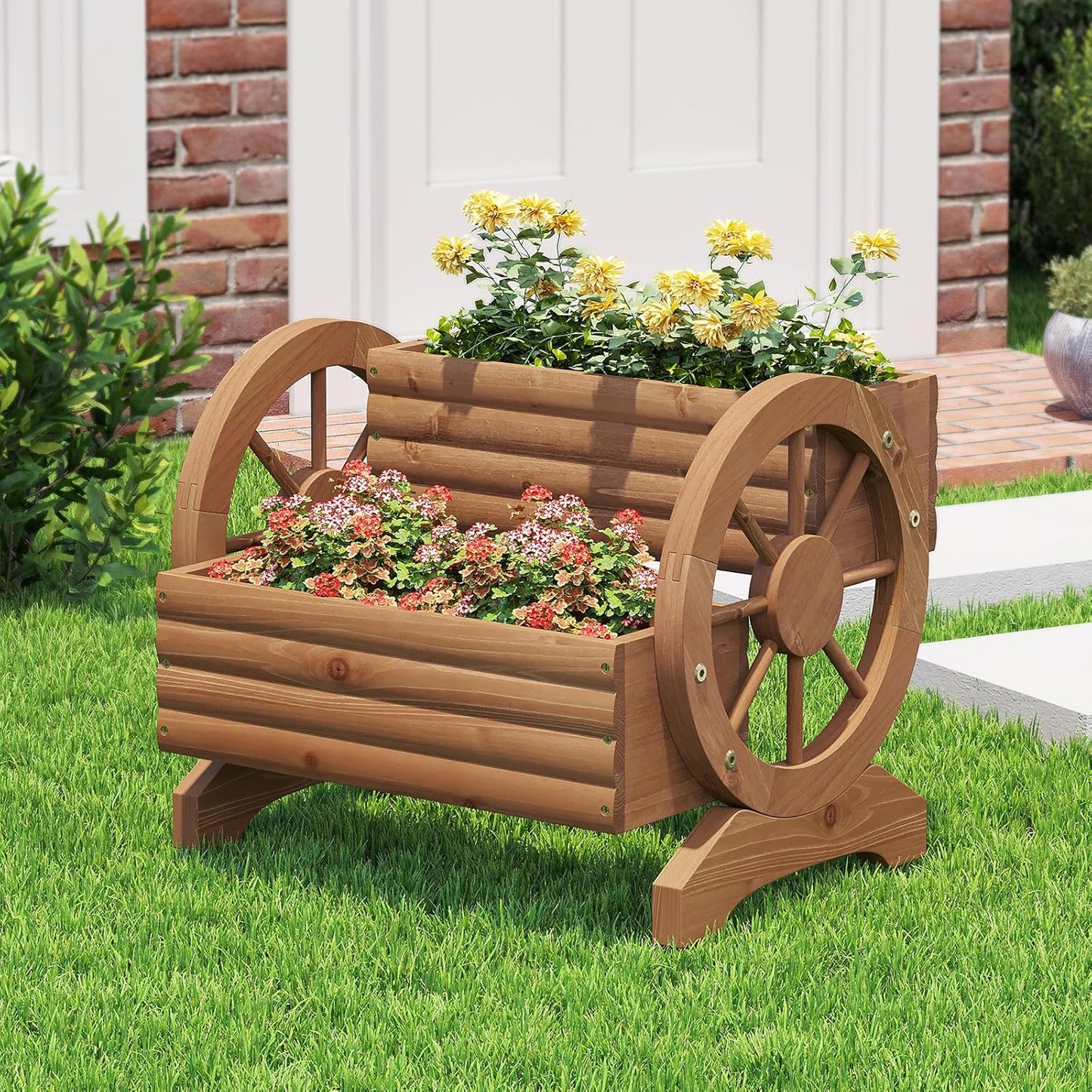 Wooden Wagon Planter Outdoor Flower Cart with Wheels Garden Planter, Decor Planter for Patio Balcony Decoration Succulent Flower Pot for Indoor Backyard Balcon Yard Decor planters for Outdoor Plants