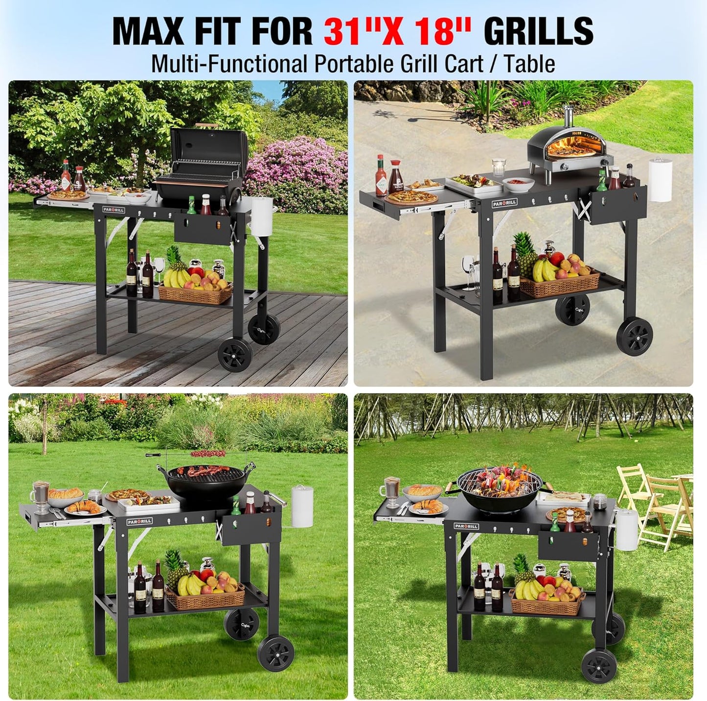 Outdoor Grill Table, Folding Grill Cart with Pull-out Side Table, Blackstone Griddle Stand, Fit 17 Inch Or 22 Inch, Stainless Steel BBQ Prep Station, Pizza Oven Stand