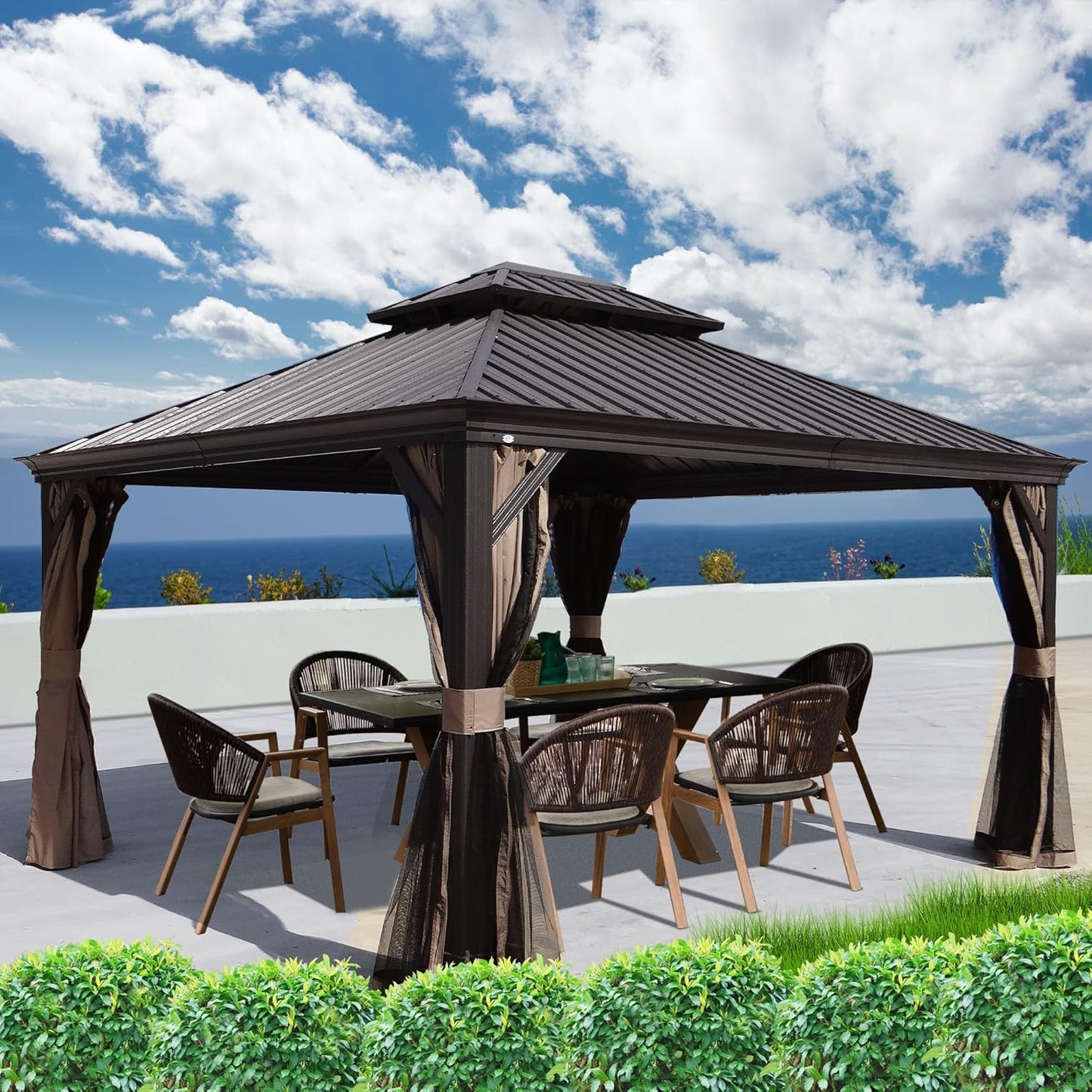 Kozyard Alexander Hardtop Aluminum Permanent Gazebo with a Mosquito Net and Privacy Sidewalls (Alexander 12'x14' (Brown)