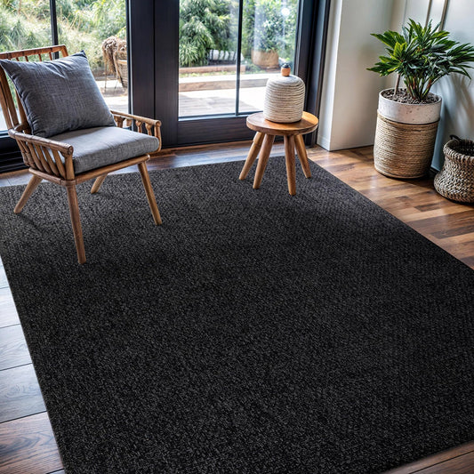 CAMILSON Easy Jute Rug 5x7, Indoor Outdoor Dark Gray Black Farmhouse Area Rugs for Living Room Patio and Kitchen Rug, Solid Boho Woven Design, Easy-Cleaning, Washable Outside Carpet Alfombras (5 x 7)